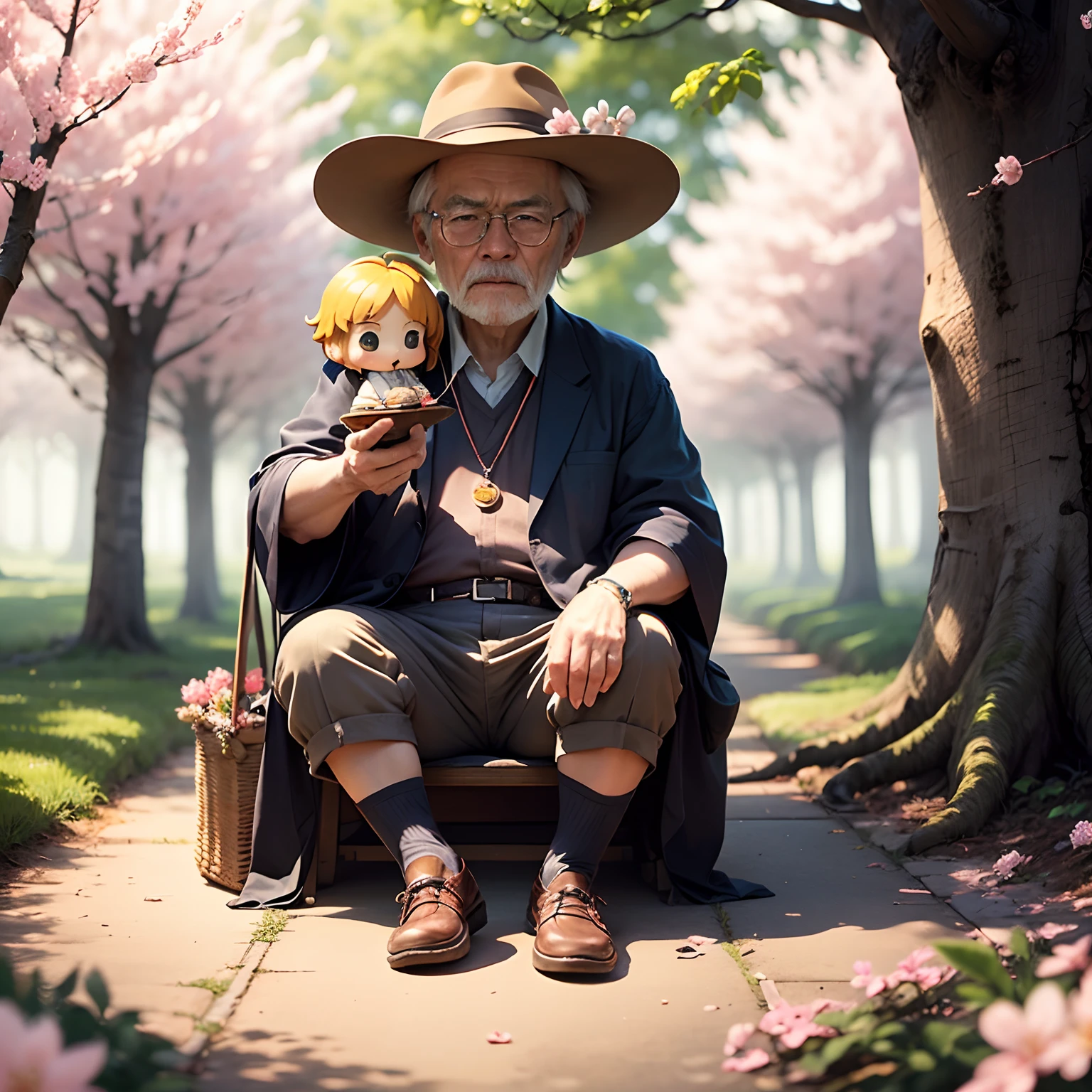 ​masterpiece、top-quality、ultra-detailliert、(Chibi Chara Hanasaki Old Man:1.2)、Grandpa Solo、Komono、sit on the branches of tall trees、Sprinkle powder in the basket、cherryblossom