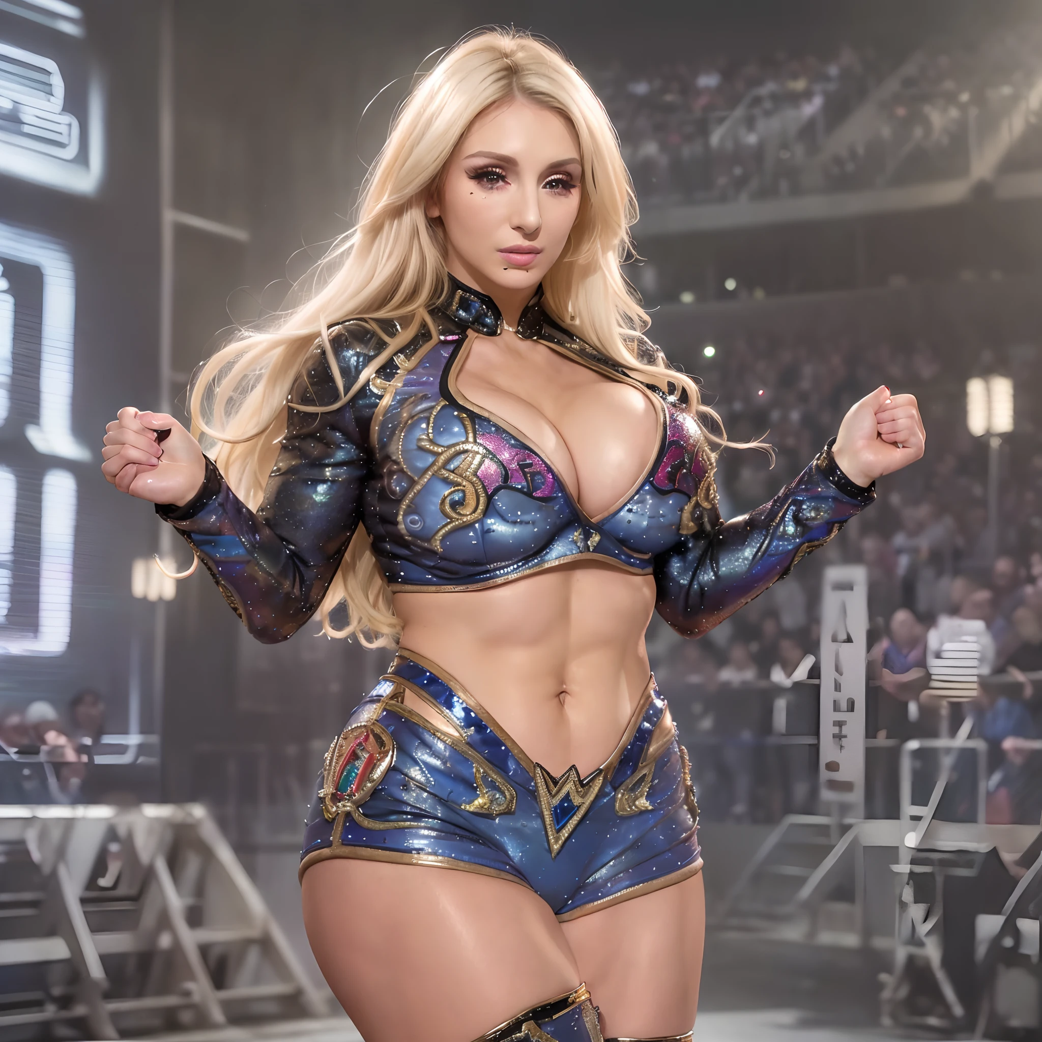 (masterpiece:1.1, Best Quality:1.1, 32K HDR, High resolution), (Charlotte Flair - WWE [LoRA]), WWE female wrestler, Improved cinematic lighting quality, 32K, 1girl in, blonde hair, eye shadow, golden boots, (Quality Improvement:1.1), (Realistic textured skin of the highest quality:1.4), (Detailed face, Detailed eyes), (ultra huge tits:1.5, ultra huge breast:1.5), (enhance the atmosphere of body line:1.1), (Increase the beauty of skin texture:1.1), (realistic WWE wrestler outfit:1.35, hold up champion belt with both hands:1.35, Exposed shaved armpits:1.35, standing on the game ring:1.3), Perfect slim body,
