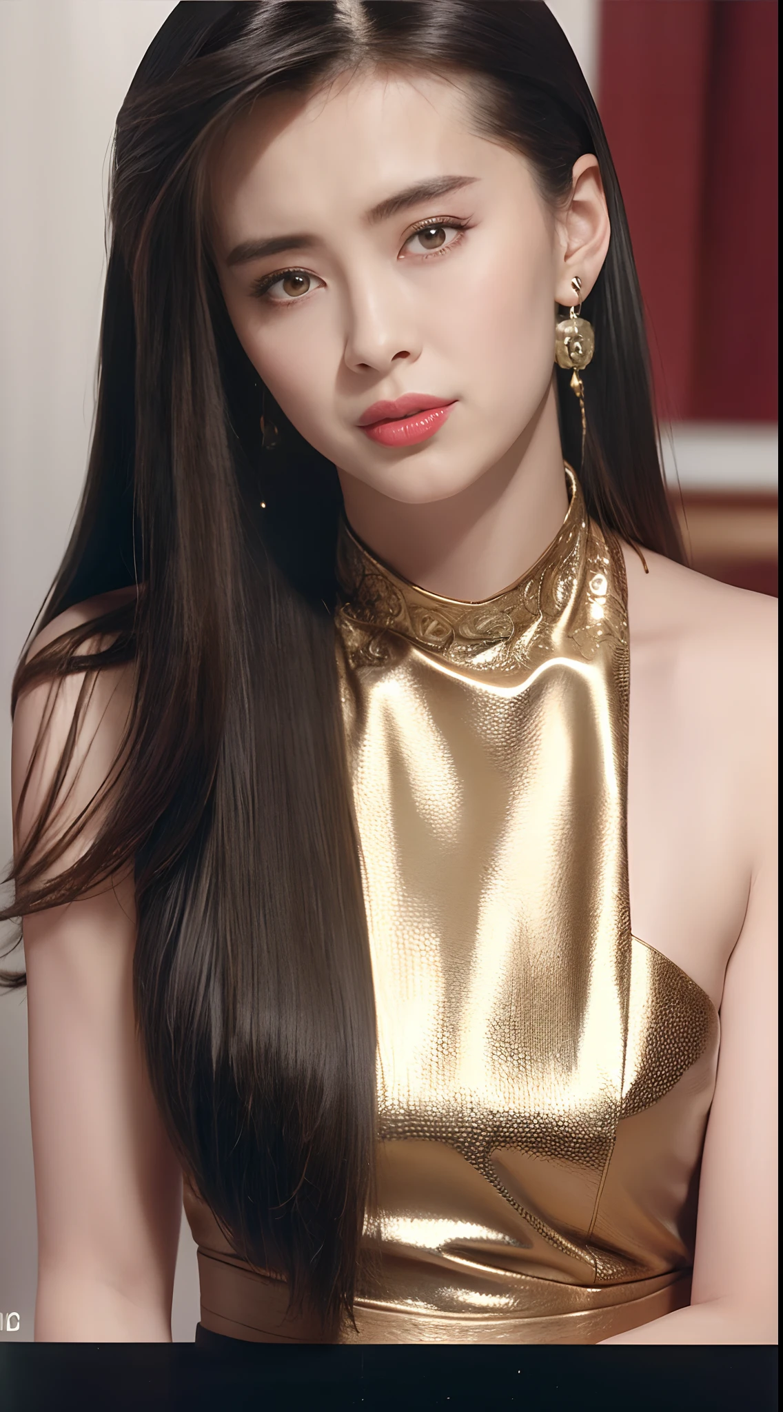 ((HDR,1080P,16K,High resolution,realistic skin texture,realistic,intricate detailed:1.5)),Wang Zuxian,Joey Wong,(((happy:1.1))),ear pendants,blush,necklace,lipstick,((light smile:1.3)),elegance,elegant pose,delicate face,perfect face,black hair,(looking at viewer), facing the camera,D-Cup breasts,36D,slim waist,long hair,dress,((close-up face:1.2)),portrait,in the house,warm light,1990s Hong Kong photography,Hong Kong 1990s film filter,(light particles, lens flare, glowing particles:0.6),Fuji color