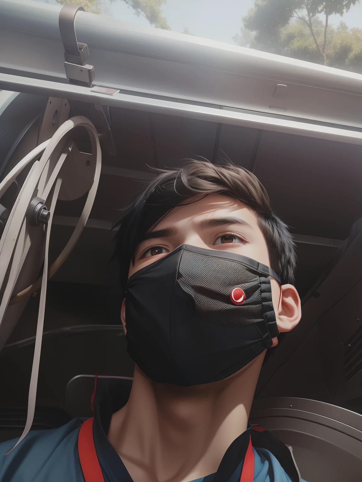 a white anime kid with black hair and black and brown eyes a light blue t-shirt with a red mouth mask
