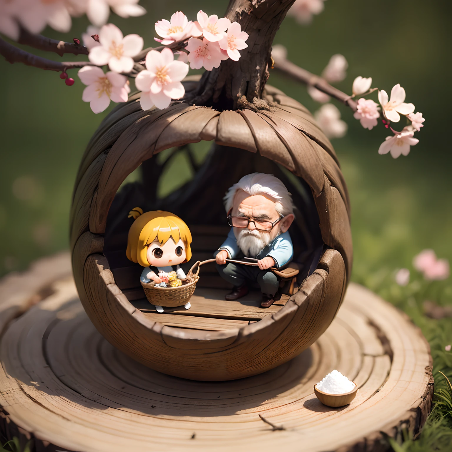 ​masterpiece、top-quality、ultra-detailliert、(Chibi Chara Hanasaki Old Man:1.2)、Grandpa Solo、Komono、Sit on a branch of a tall tree、Sprinkle the powder from inside the basket、cherryblossom