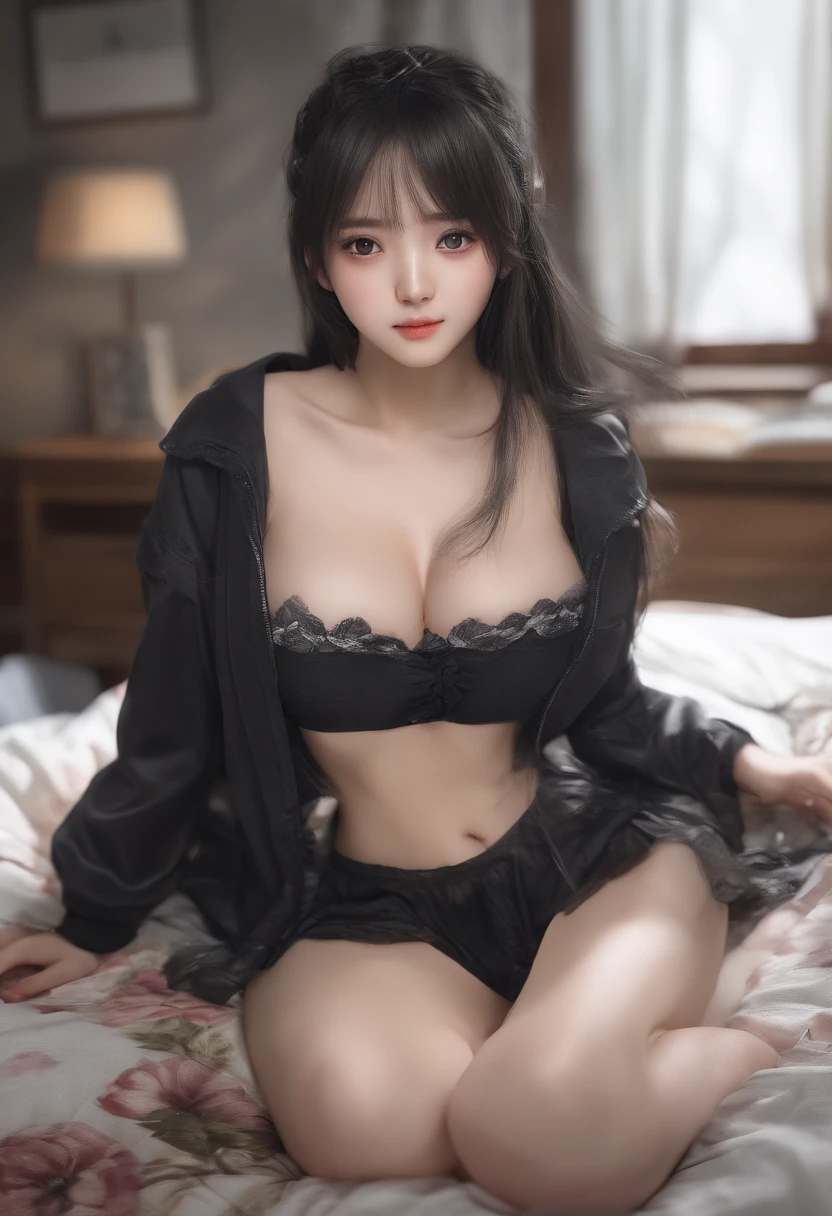 Korean cute and sexy girl, full body, Detailedface,  (nsfw),xxmix_girl, straight black hair, big beautiful eyes, Girl on bed with legs spread, ,Sexy,Detailedface,eungirl,