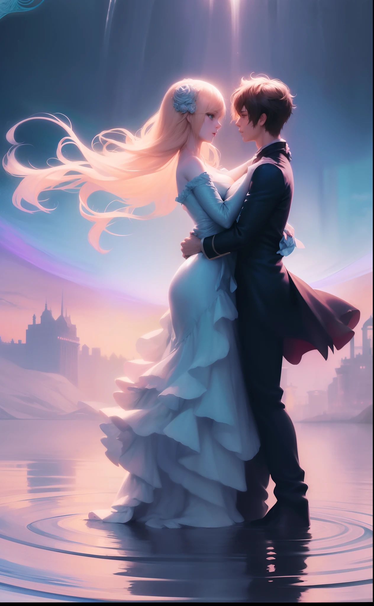 anime couple in love hugging in the water at night, concept art of love, charlie bowater art style, rob rey and kentarõ miura style, neoartcore and charlie bowater, charlie bowater and artgeem, fantasy art style, rob rey and kentarõ miura, in style of cyril rolando, style of charlie bowater