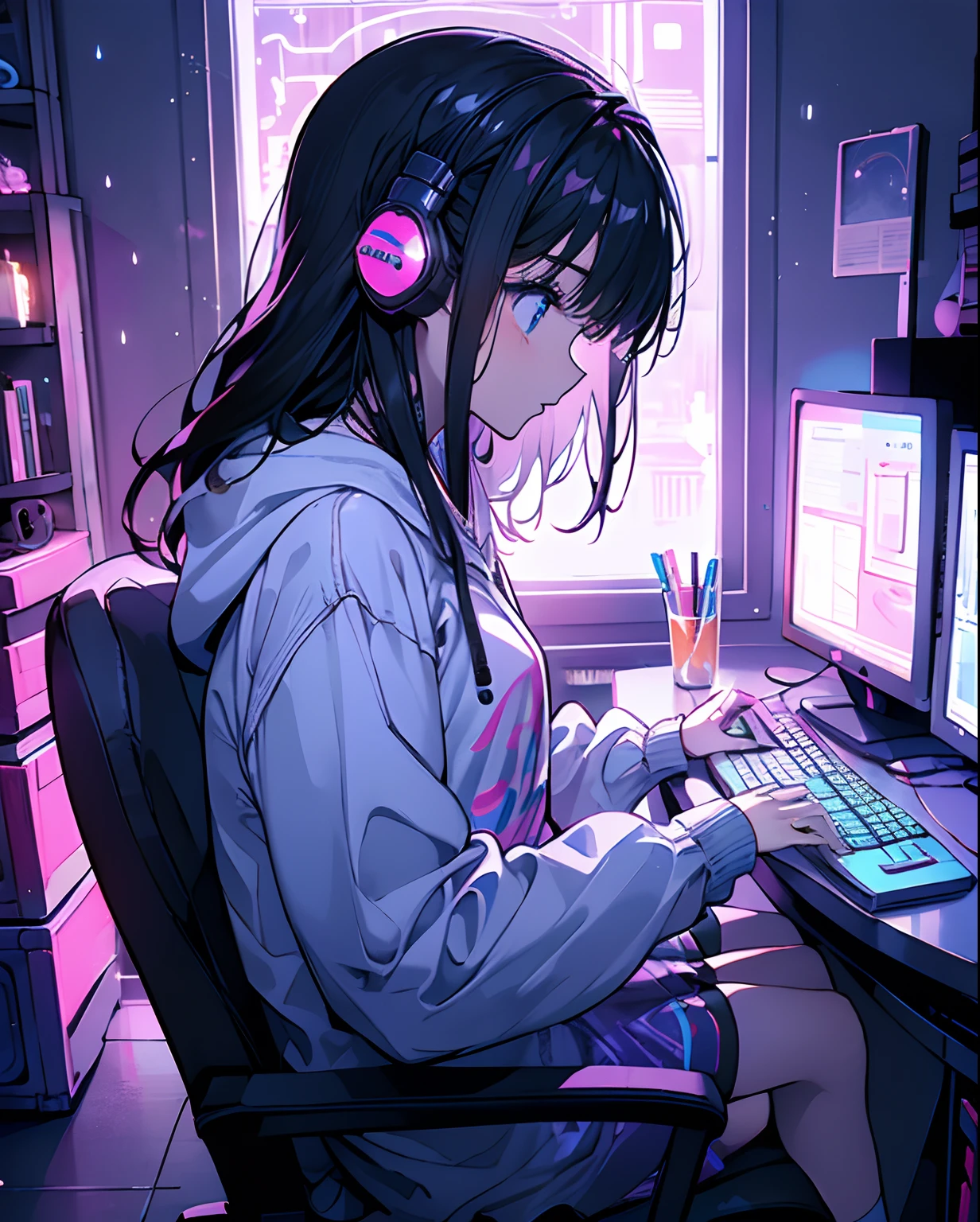 1980s neon color style、hightquality、hight resolution、top-quality、Neon Color Light、It's raining outside、profile、Pop City、Neon City、Retro Pop、Very beautiful woman、ciber、Fantastic atmosphere with neon colors、Girl writing a novel on a computer in a dark room、She wears headphones and a hoodie with a big silhouette、The room is messy with girlish rooms、Books are cluttered, Cushions are scattered throughout the room、A dark-haired、Longhaire、Cold eyes、beautidful eyes、Big eyes、a