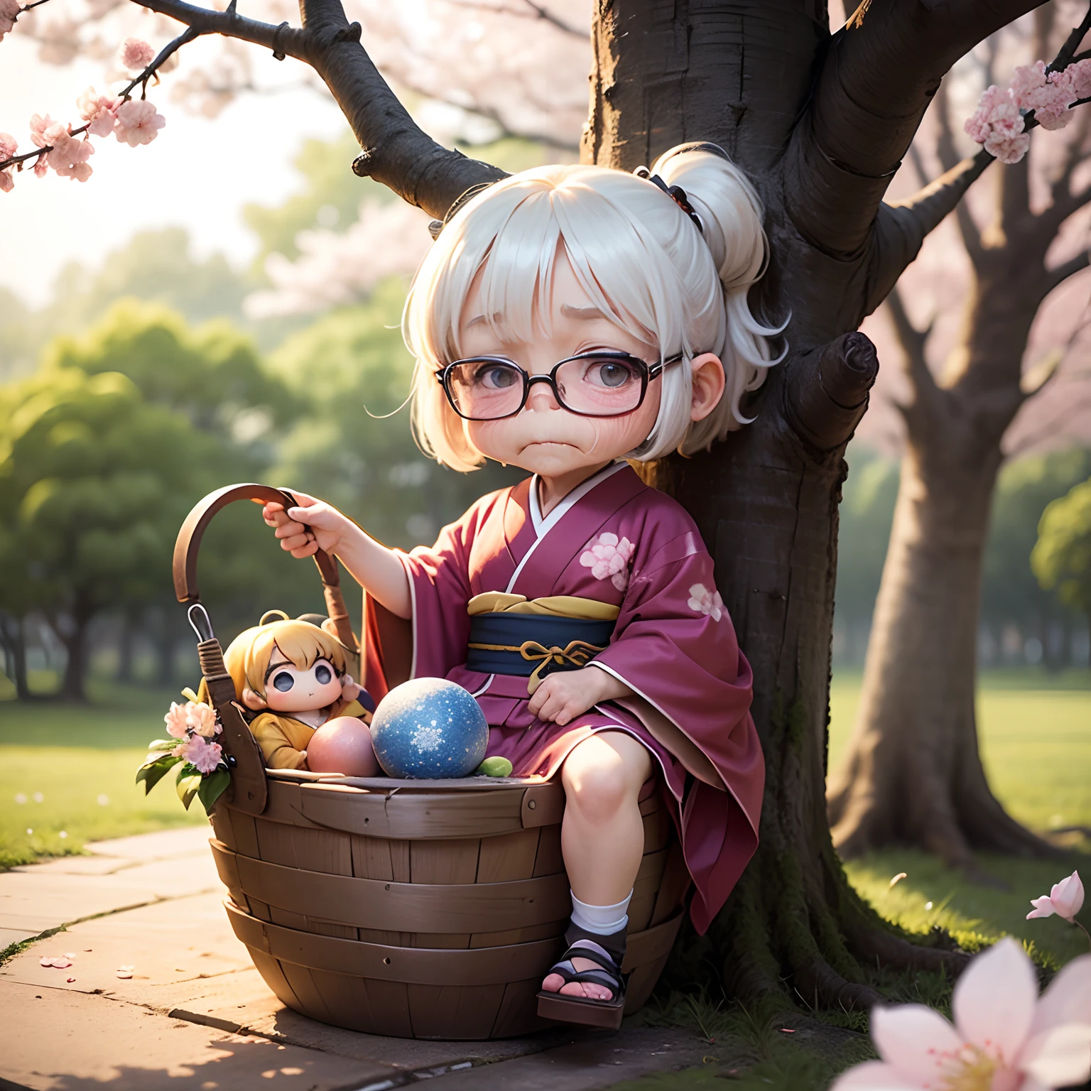 masterpiece、top-quality、ultra-detailliert、(Chibi Chara Hanasaki Old Man:1.2)、Grandpa Solo、kimono、sit on the branches of tall trees、Sprinkle the powder from the inside of the basket、cherryblossom