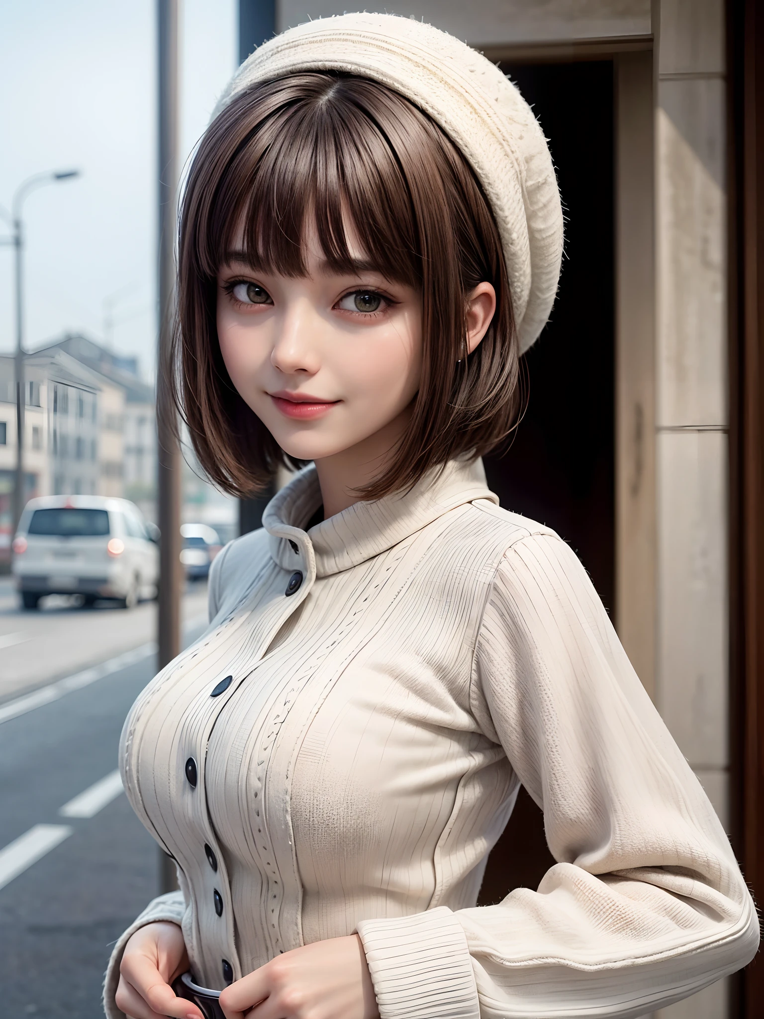 (​masterpiece, top-quality、A very attractive adult beauty、Add intense highlights to the eyes),1girl in, 独奏, A dark-haired, scarf, Hats,, realisitic, looking at the viewers, black eyes of light color, shorth hair, coat, Winter clothes, White headscarf, s lips, lipgloss，bangss,, a closed mouth, The upper part of the body、big eye、Lashes、((Road system in Italy))、((Shorthair with bangs、big eye、Put very strong highlights in your students、very Bigger breasts、gazing at viewer、Very beautiful beauty、Put your ears out、long neck、little smiling、Close your mouth and smile)))、28 year old、Cute supermodels