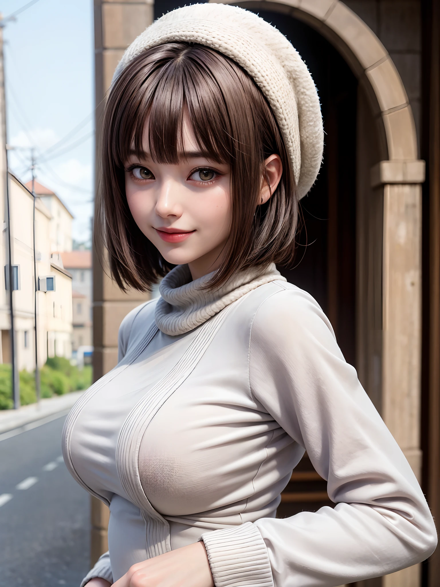 (masutepiece:1.4, top-quality:1.4、Add intense highlights to the eyes:1.4、Lustrous hair:1.4 ),1girl in, 独奏, A dark-haired, scarf, Hats,, realisitic, looking at the viewers, black eyes of light color, shorth hair, coat, Winter clothes, White headscarf, s lips, lipgloss:1.4,bangss,,a closed mouth, The upper part of the body、big eye、Lashes、((Street))、((Shorthair with bangs、big eye、Put very strong highlights in your students、{Gigantic|Big|Huge|Mega} breasts, cleavage、very Bigger breasts、gazing at viewer、Very beautiful beauty、Put your ears out、long neck、little smiling、Close your mouth and smile)))、Beautiful adult woman full of charm:1.4