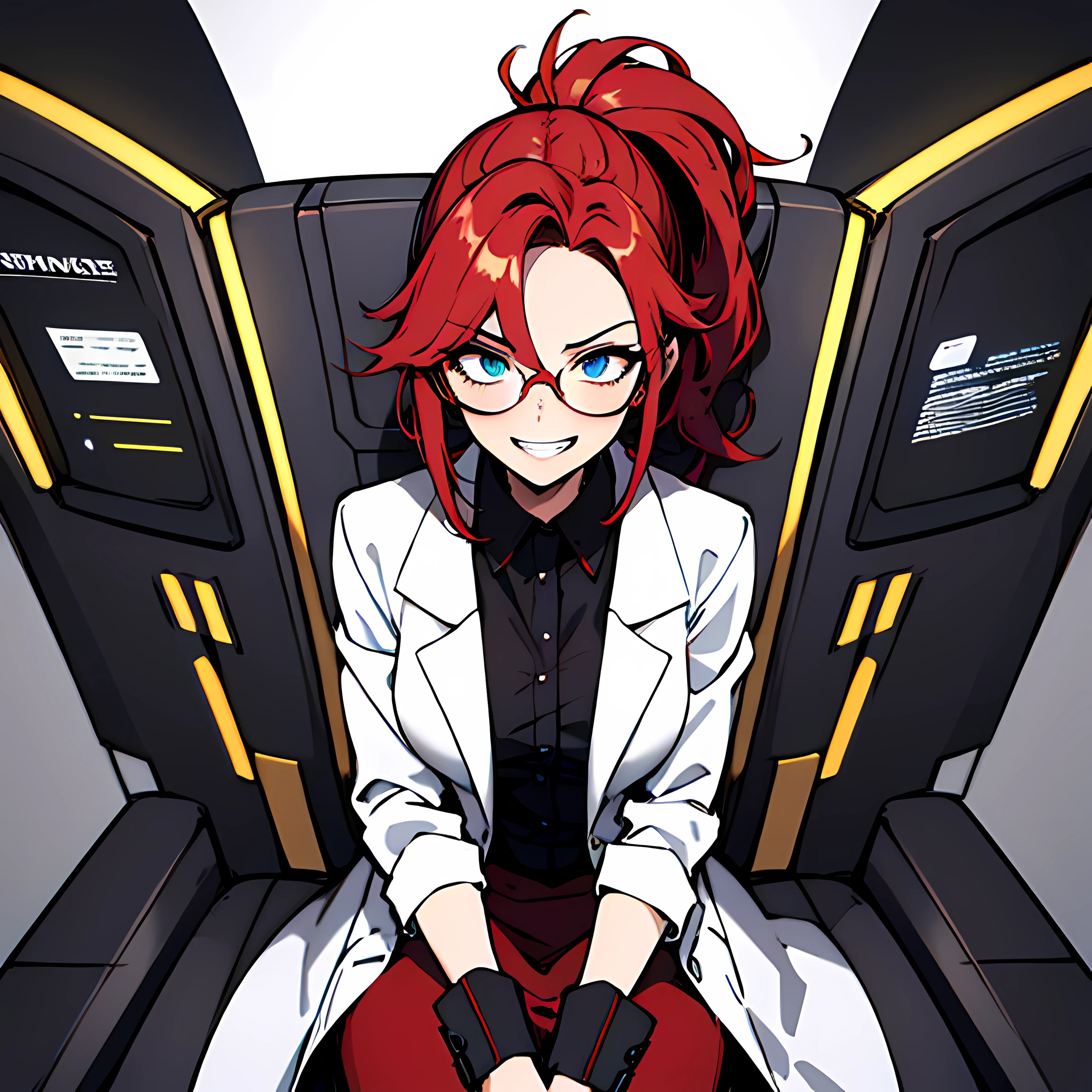 (absurdres, 8k, 4k, masterpiece, hyper extreme detailed:1.2), solo, 1girl, front view portrait, best quality, expressive eyes, perfect face, 1girl, portrait, solo, Female, mature female, adult, red hair, small bust, long shirt, white lab coat, swept bangs, side bangs, crazy face, crazy eyes, messy hair, medium hair, hair covering forehead, perfect anatomy, anatomically correct, villain, evil, looking forward, forward view, expressive eyes, perfect eyes, crazy, science, scientist, mad scientist, experiment, psychotic, psychopath, sociopathic, sociopath, crazed, wide eyes, grin, round rimmed glasses, long brown skirt, lab coat, half body, covered forehead, downward bangs, insane, half body, ponytail, futuristic, gadget, hologram, tablet, leaning back, sitting in chair, screens, mechanical arms,