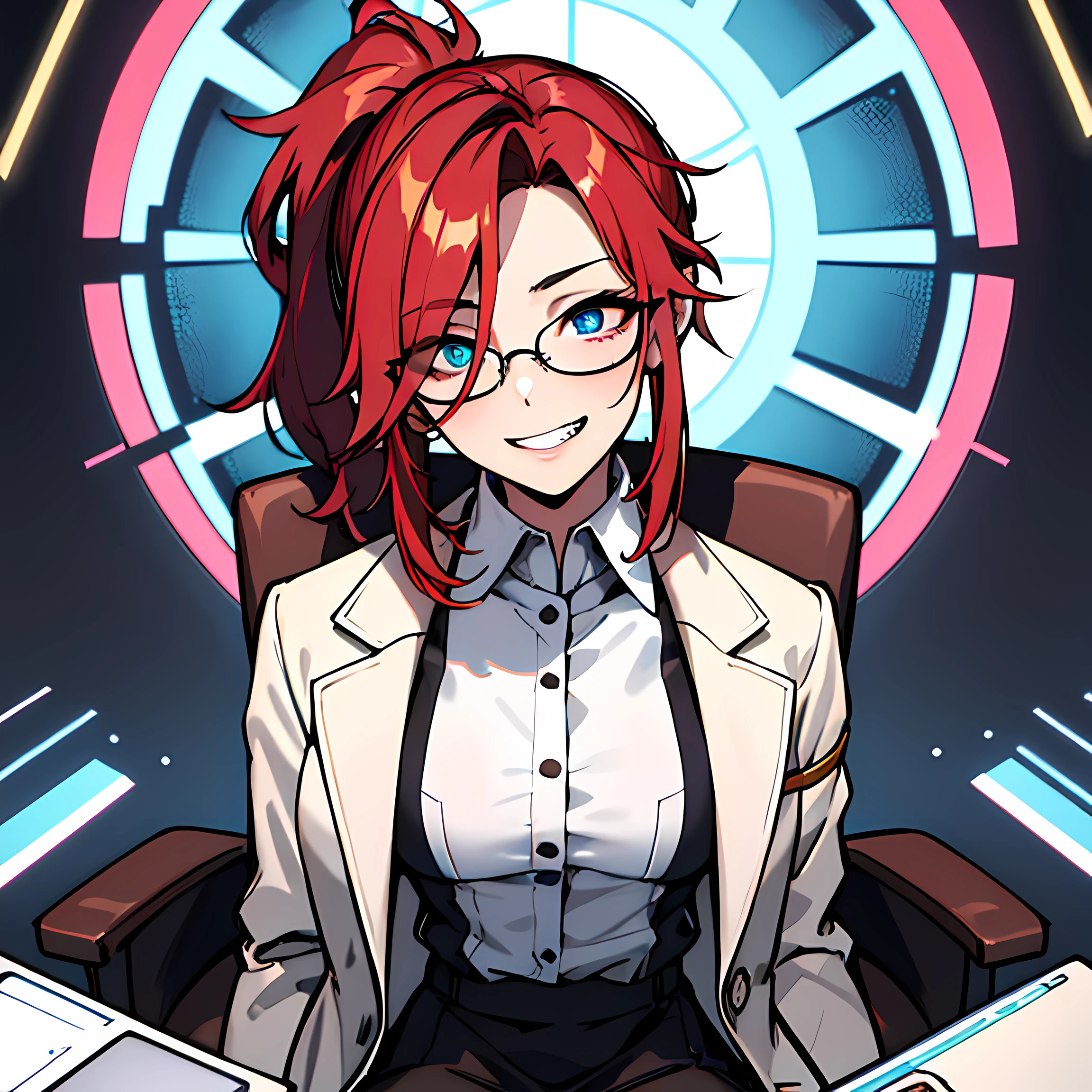 (absurdres, 8k, 4k, masterpiece, hyper extreme detailed:1.2), solo, 1girl, front view portrait, best quality, expressive eyes, perfect face, 1girl, portrait, solo, Female, mature female, adult, red hair, small bust, long shirt, white lab coat, swept bangs, side bangs, crazy face, crazy eyes, messy hair, medium hair, hair covering forehead, perfect anatomy, anatomically correct, villain, evil, looking forward, forward view, expressive eyes, perfect eyes, crazy, science, scientist, mad scientist, experiment, psychotic, psychopath, sociopathic, sociopath, crazed, wide eyes, grin, round rimmed glasses, long brown skirt, lab coat, half body, covered forehead, downward bangs, insane, half body, ponytail, futuristic, gadget, hologram, tablet, leaning back, sitting in chair, screens, mechanical arms,