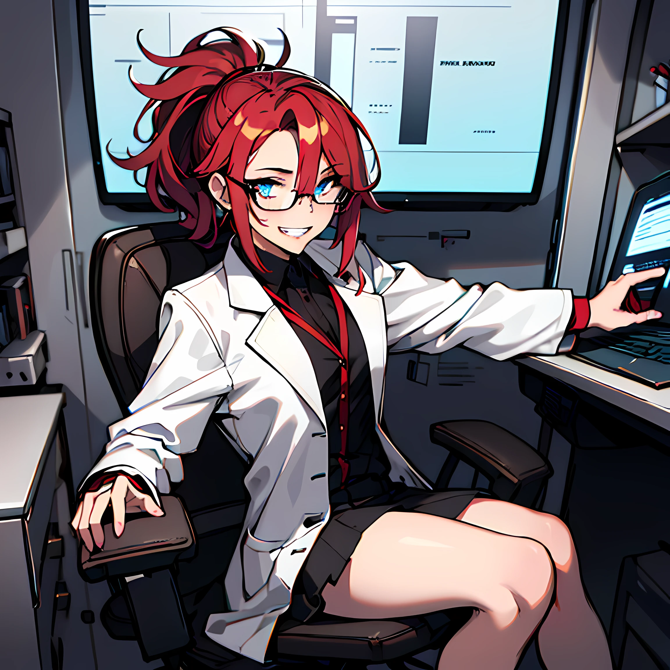(absurdres, 8k, 4k, masterpiece, hyper extreme detailed:1.2), solo, 1girl, front view portrait, best quality, expressive eyes, perfect face, 1girl, portrait, solo, Female, mature female, adult, red hair, small bust, long shirt, white lab coat, swept bangs, side bangs, crazy face, crazy eyes, messy hair, medium hair, hair covering forehead, perfect anatomy, anatomically correct,  villain, evil, looking forward, forward view, expressive eyes, perfect eyes, crazy, science, scientist, mad scientist, experiment, psychotic, psychopath, sociopathic, sociopath, crazed, wide eyes, grin, round rimmed glasses, long brown skirt, lab coat, half body, covered forehead, downward bangs, insane, half body, ponytail, futuristic, gadget, hologram, tablet, leaning back, sitting in chair, screens, mechanical arms,