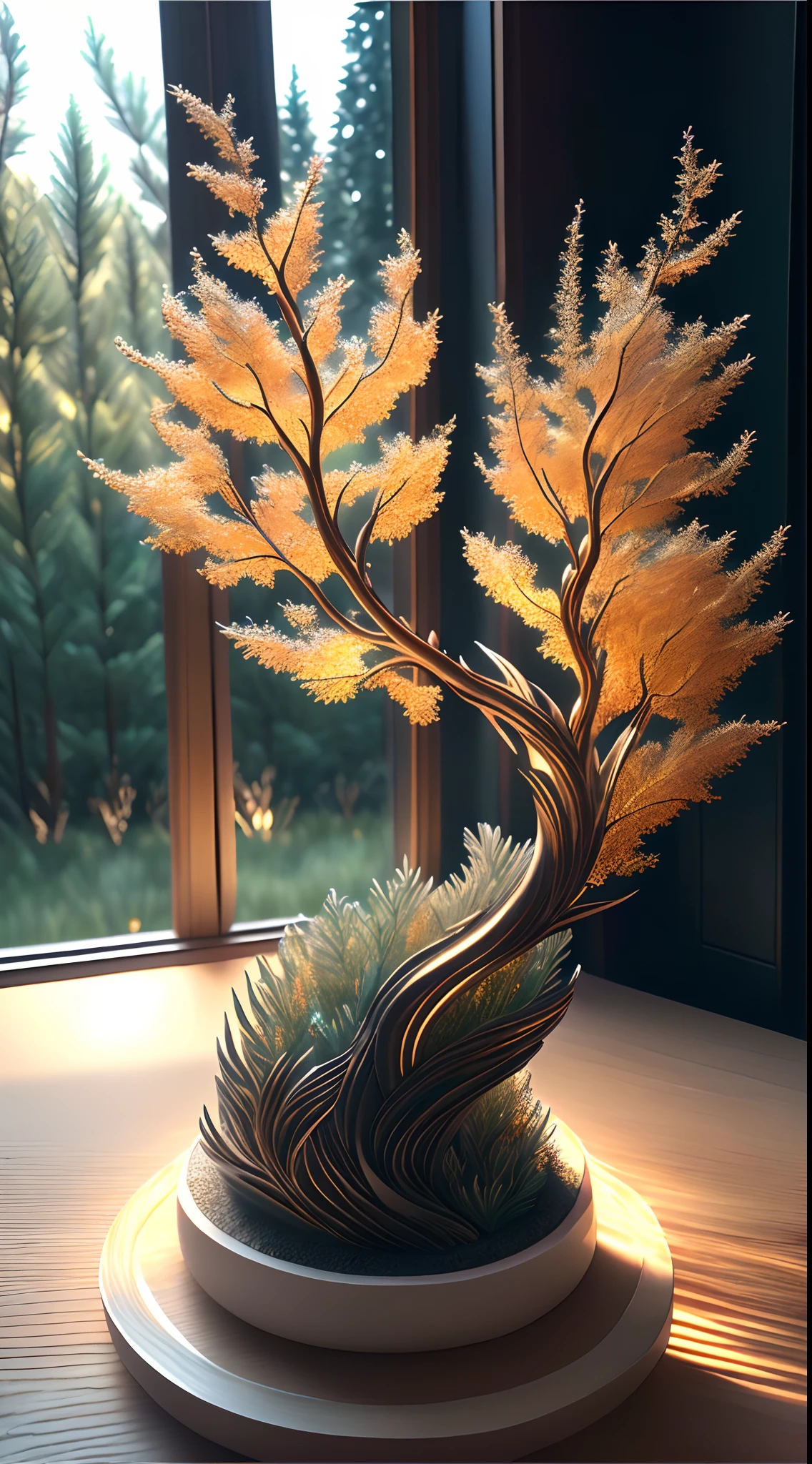 (Best quality,4K,8K,A high resolution,Masterpiece:1.2),Ultra-detailed,(Realistic,Photorealistic,photo-realistic:1.37),Escultura:1.37,Northern,south,Multiverse,Diverse landscape,Natural beauty,Ceramic craftsmanship,Glass surface,Twisted branches,Flickering flames,Art gallery