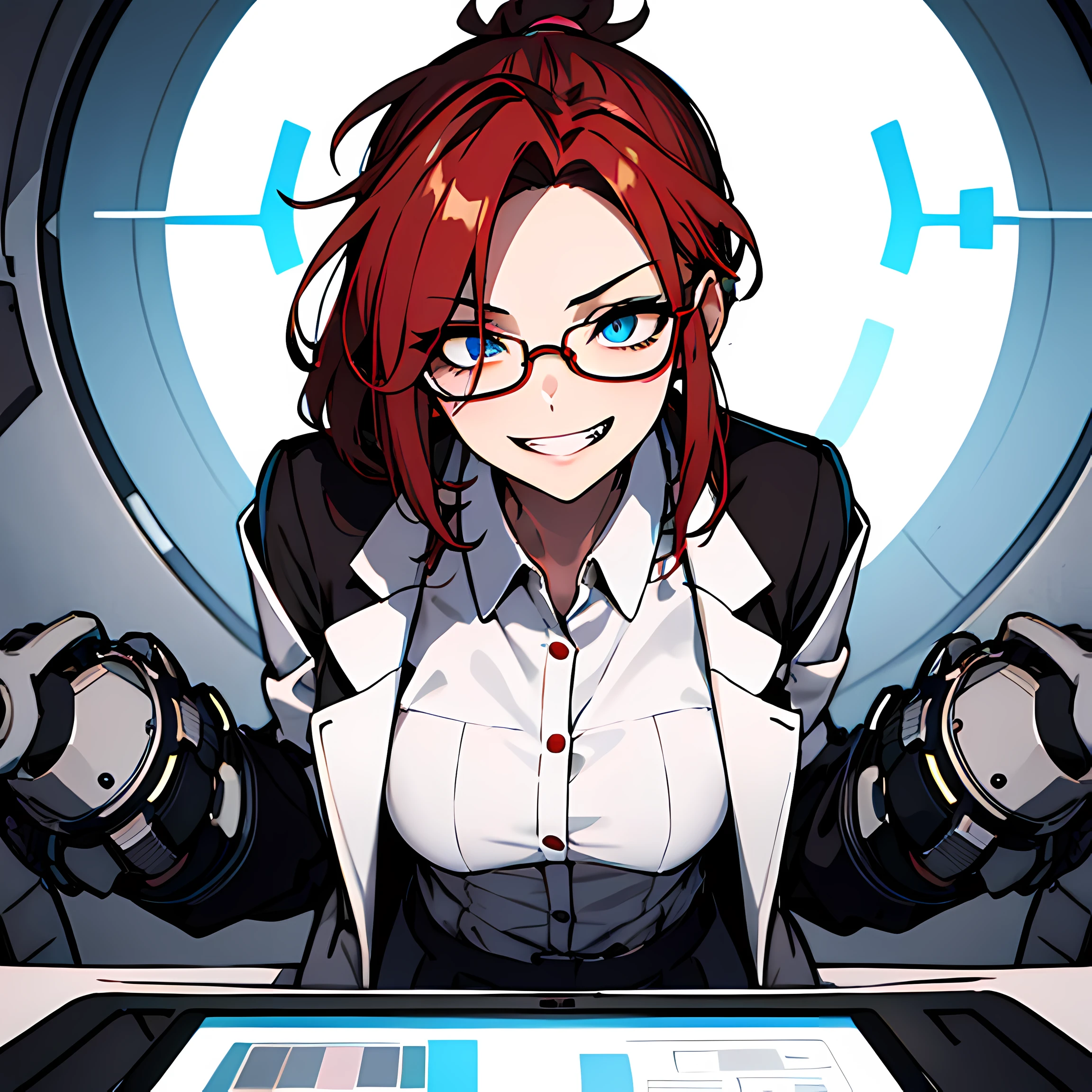 (absurdres, 8k, 4k, masterpiece, hyper extreme detailed:1.2), solo, 1girl, front view portrait, best quality, expressive eyes, perfect face, 1girl, portrait, solo, Female, mature female, adult, red hair, small bust, long shirt, white lab coat, swept bangs, side bangs, crazy face, crazy eyes, messy hair, medium hair, hair covering forehead, perfect anatomy, anatomically correct, villain, evil, looking forward, forward view, expressive eyes, perfect eyes, crazy, science, scientist, mad scientist, experiment, psychotic, psychopath, sociopathic, sociopath, crazed, wide eyes, grin, round rimmed glasses, long brown skirt, lab coat, half body, covered forehead, downward bangs, insane, half body, ponytail, futuristic, gadget, hologram, tablet, leaning back, sitting in chair, screens, mechanical arms,