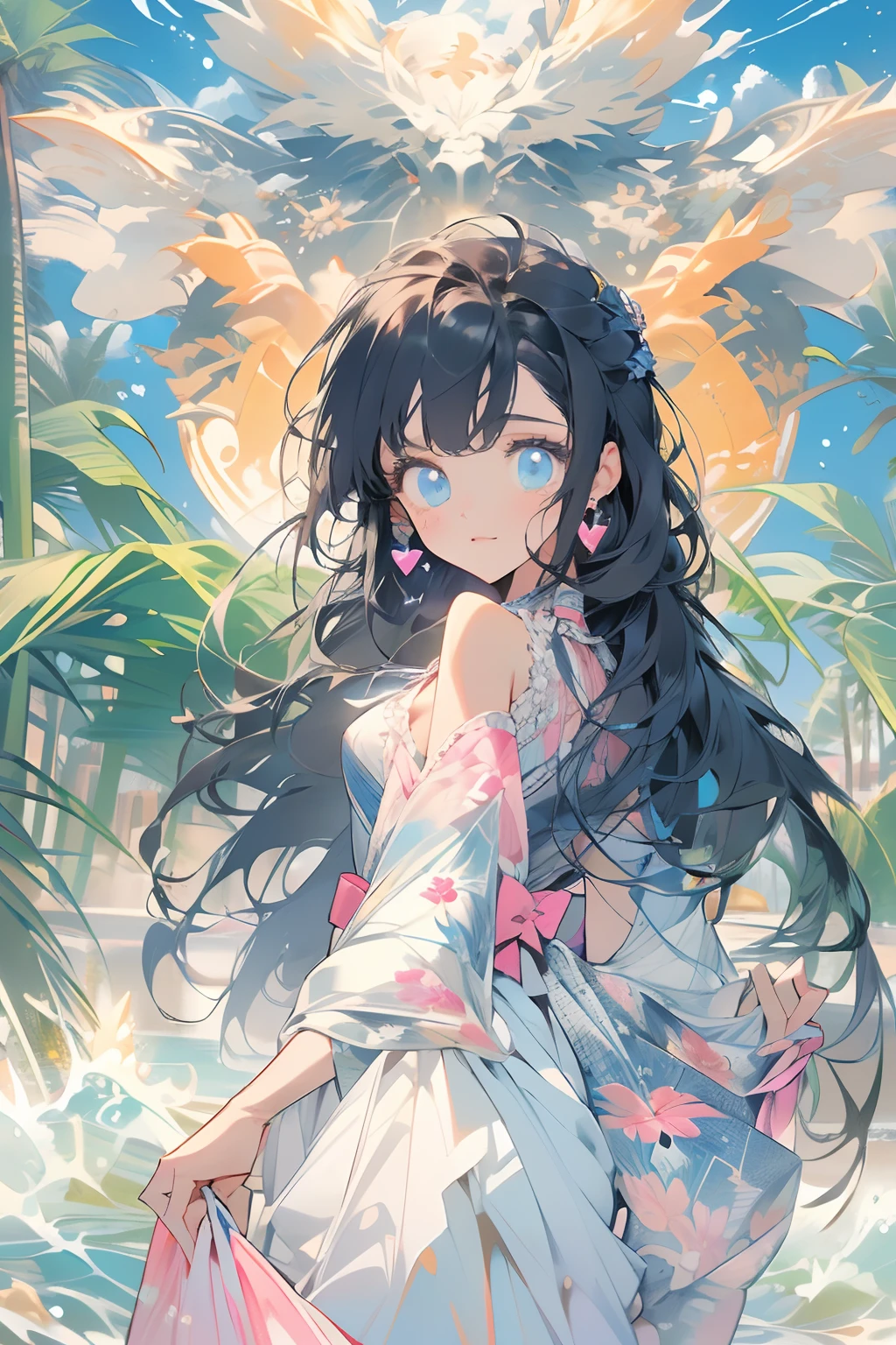 art by Cornflower, dreamy, (A beautiful, aged, anime-style girl with blue eyes and long, black hair, wearing a pale yellow, shiny, long-sleeved, open-chest, long skirt swimming suit with a pink, white, and yellow, heart on it is posing with her hands on her hips, in front of a beach and a bright, blue sky with clouds in it, there are palm trees in the background on both sides of the picture, and there are lots of blue and yellow fish swimming in the ocean, and there is a police helicopter with lights on it flying over the girl)