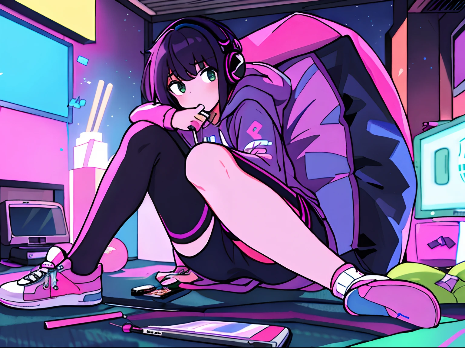((masterpiece)), ((best quality)), ((high res)), 1girl, solo, incredibly absurdres, hoodie, headphones, neon lighting, blowing bubble gum in mouth, hood up, side view, (full body), matching socks, matching sneakers, pink and black hair, working in her laptop computer, sitting, bean bag cushion seat, widescreen tv monitor, munching on snacks, basement, japanese pocky snacks, cluttered room, video game console, internet