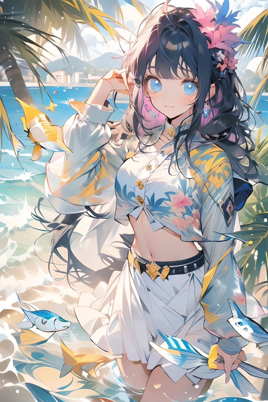 art by Cornflower, dreamy, (A beautiful, aged, anime-style girl with blue eyes and long, black hair, wearing a pale yellow, shiny, long-sleeved, open-chest, long skirt swimming suit with a pink, white, and yellow, heart on it is posing with her hands on her hips, in front of a beach and a bright, blue sky with clouds in it, there are palm trees in the background on both sides of the picture, and there are lots of blue and yellow fish swimming in the ocean, and there is a police helicopter with lights on it flying over the girl)