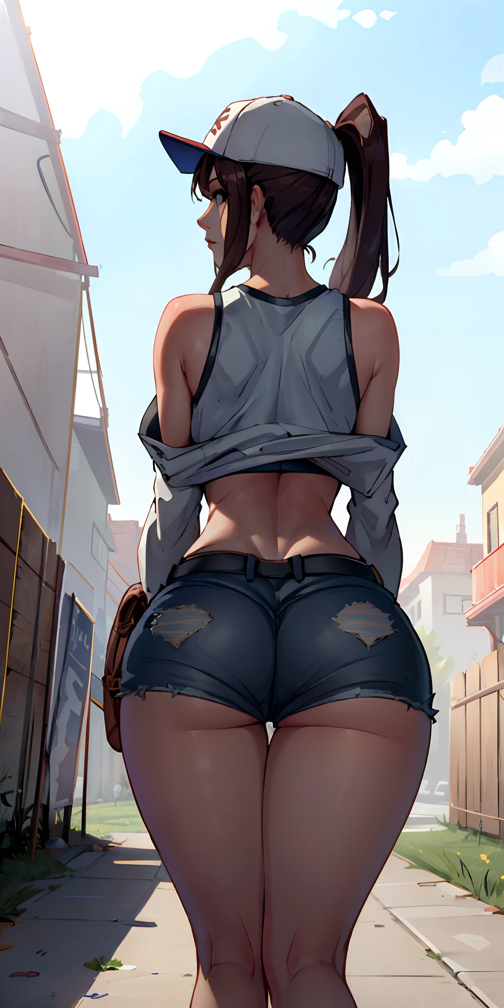beautiful, (masterpiece:1.2), (best quality:1.2), perfect eyes, perfect face, perfect lighting, 1girl, ass, back, backboob, baseball cap, black panties, breasts, brown hair, crop top, cutoffs, denim, denim shorts, facing away, from behind, hat, highleg, highleg panties, long hair, median furrow, large breasts, micro shorts, panties, ponytail, short shorts, shorts, sideboob, simple background, solo, tank top, thighs, thong, underboob, underwear, field, grass, walkway, huge ass, wide hips, arms at side