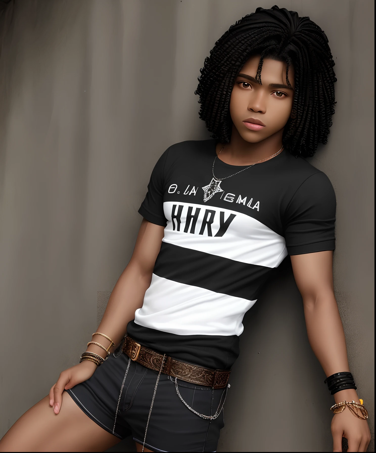 Arthur, Um de pele parda, cabelo preto ondulado, tem 14 ano a homosexual, usa uma blusa preta com detalhes azuis, uma bermuda preta um pouco acima do joelho, and two accessory bracelets, It has water powers