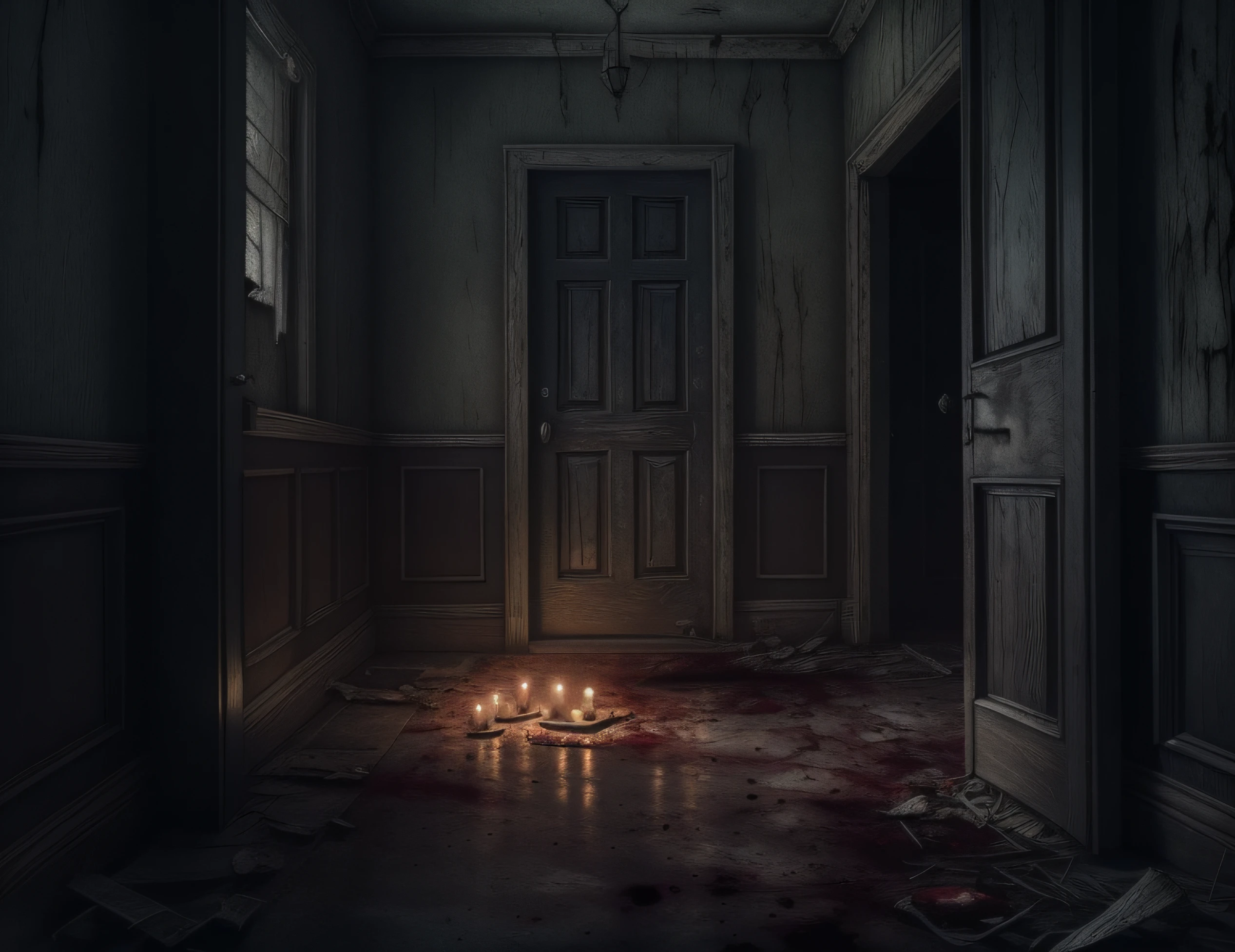 "Best quality,Ultra-detailed PT art,An old house,Closed doors,Closed doors,dark ambiance,Ominous Shadows,Creepy feeling,The floor creaks,Cold,Flashing candlelight,Broken ground,blood stain,Cluttered ground。