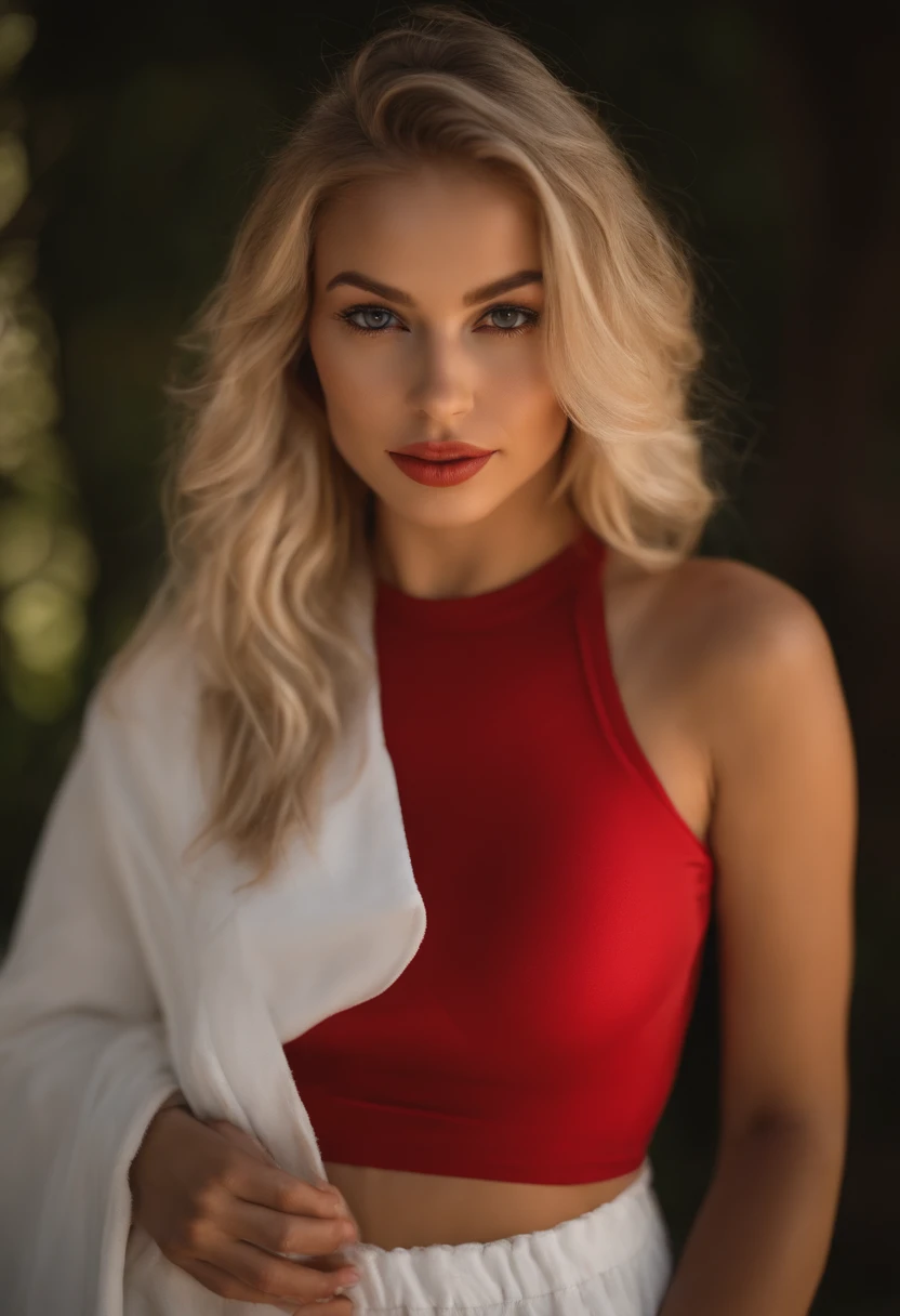 oman with matching tank top and panties, red bikini , Portrait Sophie Mudd, Portrait de Corinna Kopf, cheveux blonds et grands yeux, selfie of a young woman, ohne Maquillage, maquillage naturel, Look directly into the camera, Visage avec Artgram, dezentes Maquillage, Superbe photo du corps entier, dans la chambre, gros seins, Blonde, Latin