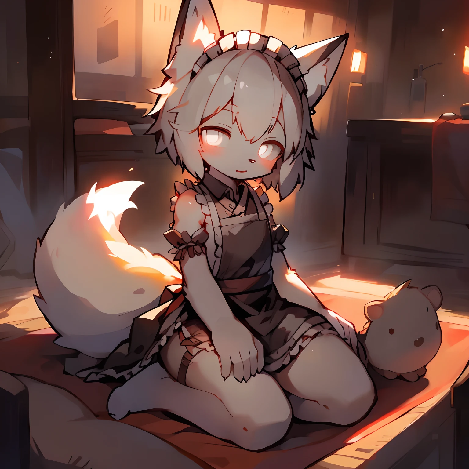 Masterpiece, high quality portrait, 16k, Furry,solo person，(Dull white eyes, whaite hair，White arms，White legs:1.2),，Maid dress，Fox, cub, bit girl,skin_Fang, Double reference, warm lights, Japanese-style kneeling sitting,Bedrooms, Full shot,author：Sumi Kuroi, Yupa,Kiyosan