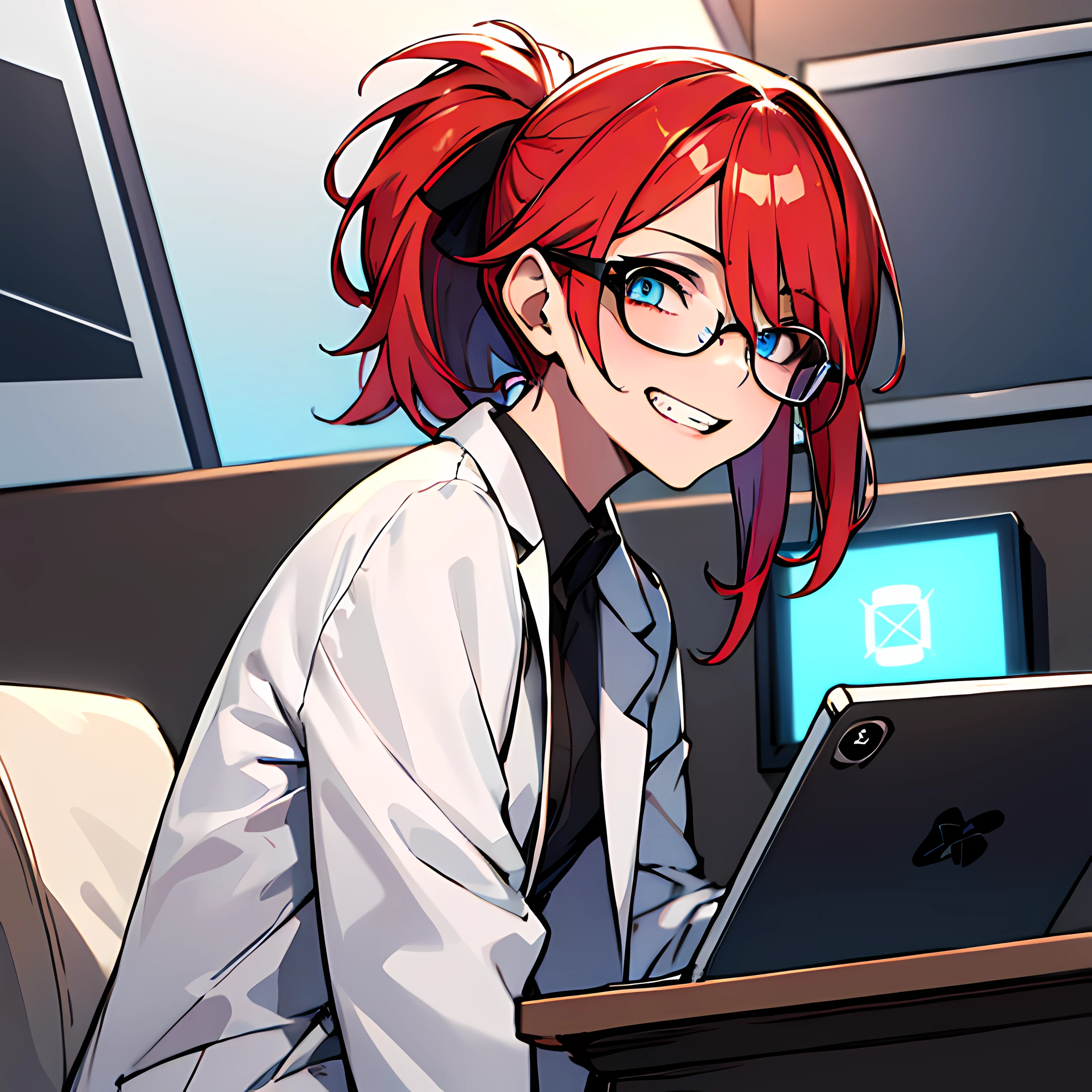 (absurdres, 8k, 4k, masterpiece, hyper extreme detailed:1.2), solo, 1girl, front view portrait, best quality, expressive eyes, perfect face, 1girl, portrait, solo, Female, mature female, adult, red hair, small bust, long shirt, white lab coat, swept bangs, side bangs, crazy face, crazy eyes, messy hair, medium hair, hair covering forehead, perfect anatomy, anatomically correct, villain, evil, looking forward, forward view, expressive eyes, perfect eyes, crazy, science, scientist, mad scientist, experiment, psychotic, psychopath, sociopathic, sociopath, crazed, wide eyes, grin, round rimmed glasses, long brown skirt, lab coat, half body, covered forehead, downward bangs, insane, half body, ponytail, futuristic, gadget, hologram, tablet, leaning back, sitting in chair, screens, mechanical arms,