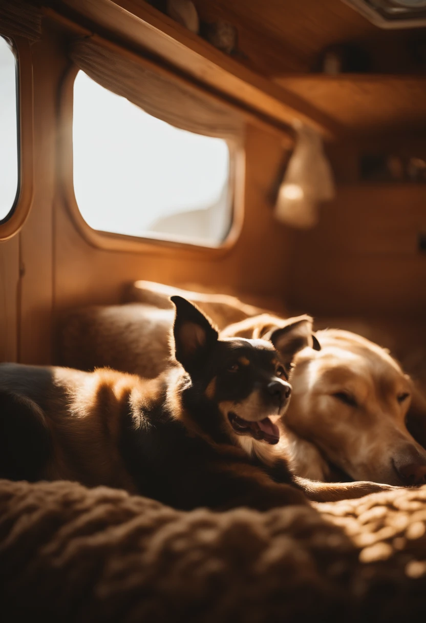 A mongrel and a golden dog sleep in the interior of an RV with the sun shining outside the window