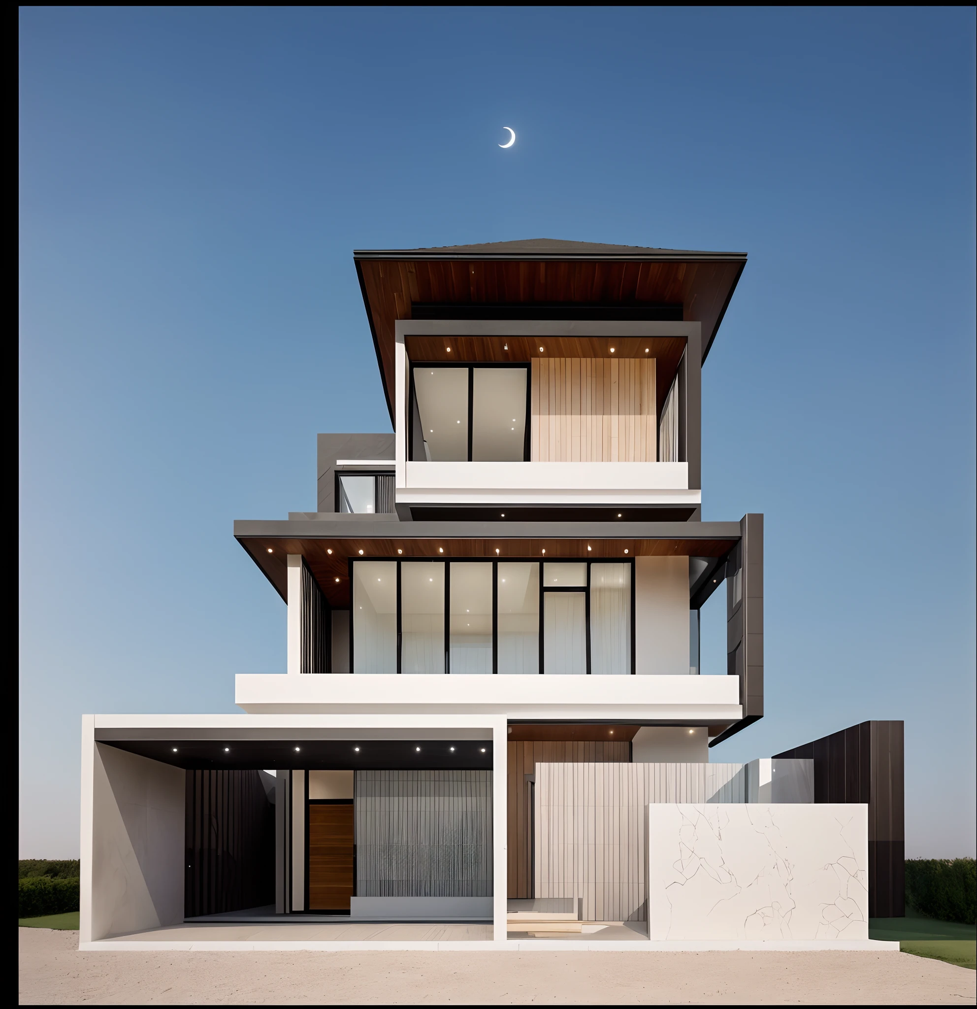 surreal images, high definition, 8k, details, modern, luxurious house, main materials (natural stone, the all door by aluminium of glass,  white walls with black details, celing on 1 and 2 floor by wood , celing of ground by white flat ) beautiful garden, light night beautiful, moon ,stars of sky.