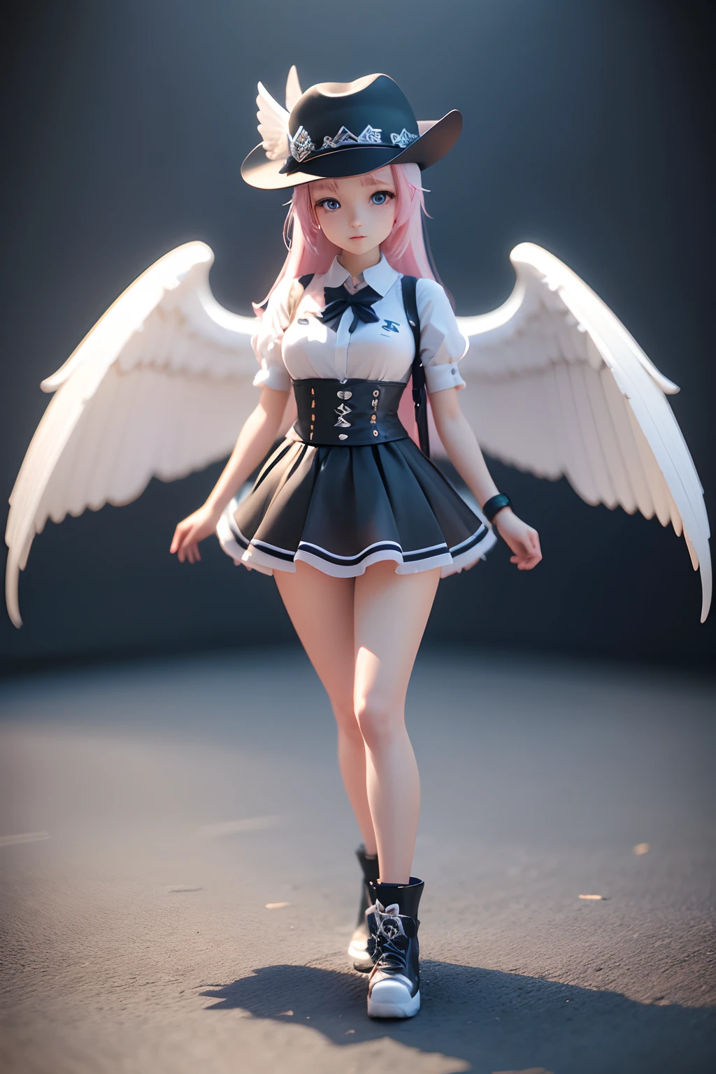 Cute girl with wings on her back and hat，3d anime girl，3d effect，（Full body like），super detailing