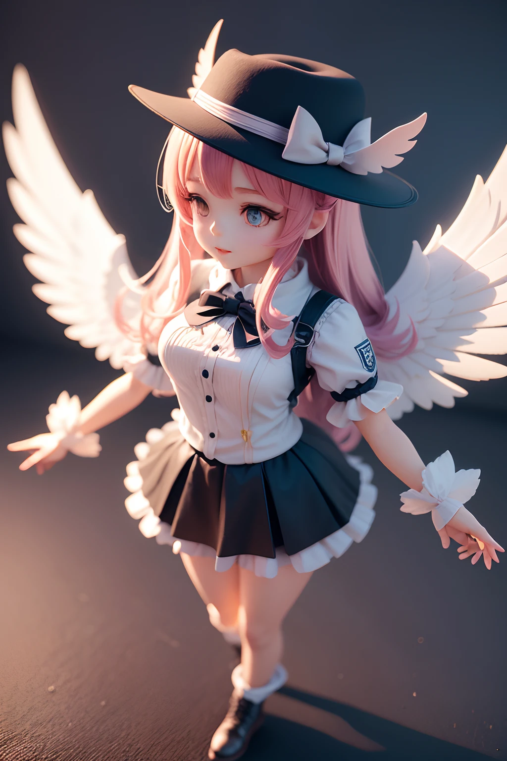 Cute girl with wings on her back and hat,3d anime girl,3d effect,(Full body like),super detailing