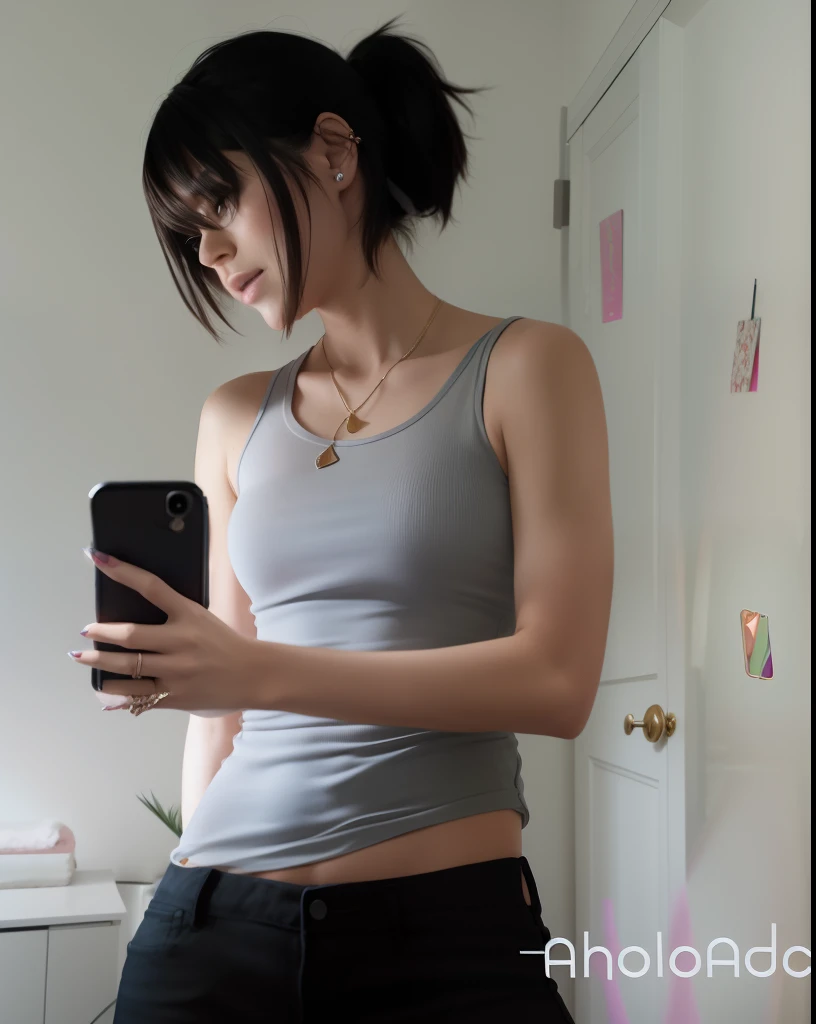 there is a woman taking a selfie in a mirror, wearing a low cut tanktop, wearing a tanktop, wearing tanktop, 2 4 year old female model, fit pic, 2 8 years old, thin aged 2 5, 2 7 years old, around 1 9 years old, 2 9 years old, 18 years old, androgynous person