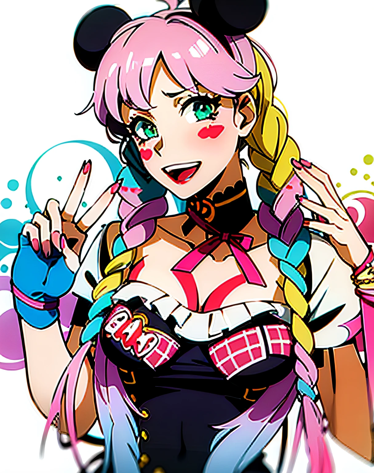 blond and pink haired girl with pink and yellow hair and a black dress, belle delphine, y 2 k cutecore clowncore, decora inspired, anime girl cosplay, pink twintail hair and cyan eyes, colorful pigtail, vi from arcane, amouranth, anime vibes, kawaii decora rainbowcore, with black pigtails