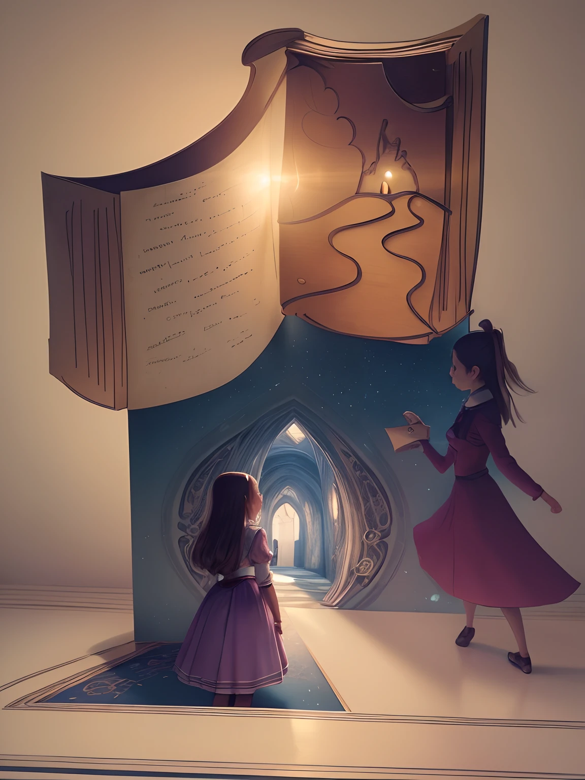masterpiece, top quality, best quality, official art, beautiful and aesthetic, book door:5, book page is entrance, revealing a magical world within. An Alice-like girl, curious and adventurous, stands at the threshold, about to step into the narrative.
