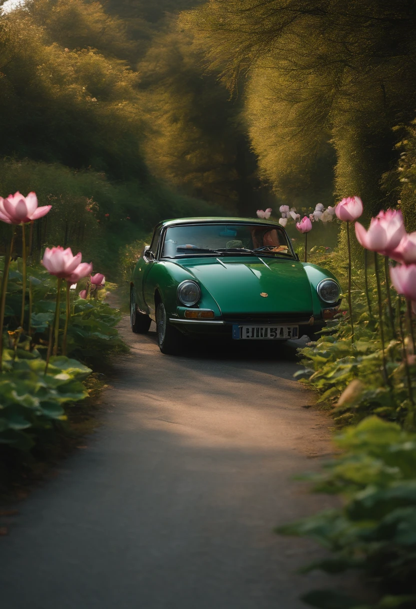 Country lanes,There was a car,Planted next to it is a lotus flower,There are several Xiaoice blocks,There are also green mushrooms,