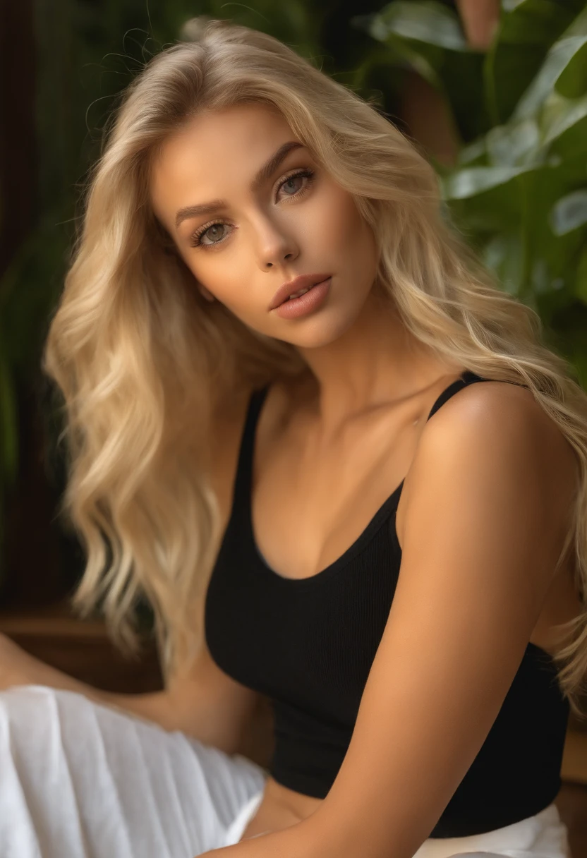 tank top and panties, Portrait Sophie Mudd, Portrait de Corinna Kopf, cheveux blonds et grands yeux, selfie of a young woman, ohne Maquillage, maquillage naturel, Look away from the camera, Visage avec Artgram, dezentes Maquillage, Superbe photo du corps entier, dans la chambre, gros seins, Blonde, Latin,On the beach