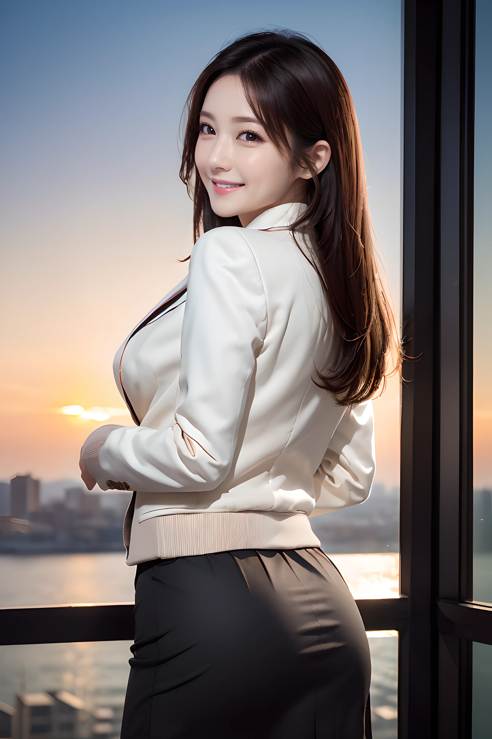 (realistic, photo-realistic:1.37), (masterpiece), (best quality:1.4), (ultra high res:1.2),(RAW photo:1.2), (sharp focus:1.3), (face focus:1.2), vibrant details, hyperrealistic, elegant, (upper body:1.37), (1woman wearing detailed pencil-skirt and suit-jacket:1.4), (office lady), professionattire, high heels, (happy smile:1.3), (flowing shine long straight hair:1.3), BREAK,

(huge breast, Big Ass:1.3), scenery, (Beautiful Sunrise background:1.2), from behind, backshot, arched back, (arms behind back), beautiful detailed eyes, looking at viewer, from below, (no makeup), (cute), photon mapping, (professional lighting), finely detail,