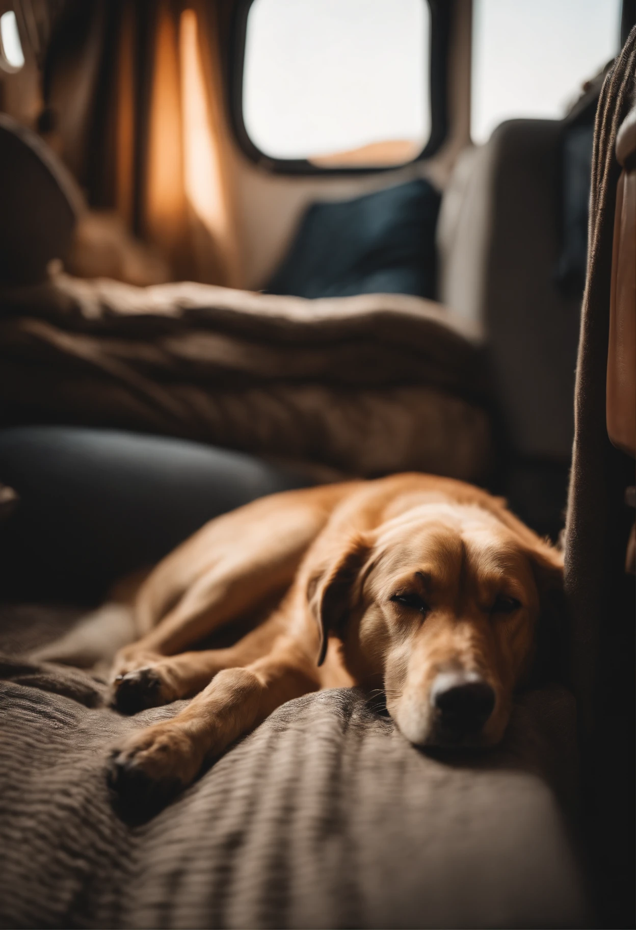 A mongrel and a golden dog sleep in the interior of an RV with the sun shining outside the window