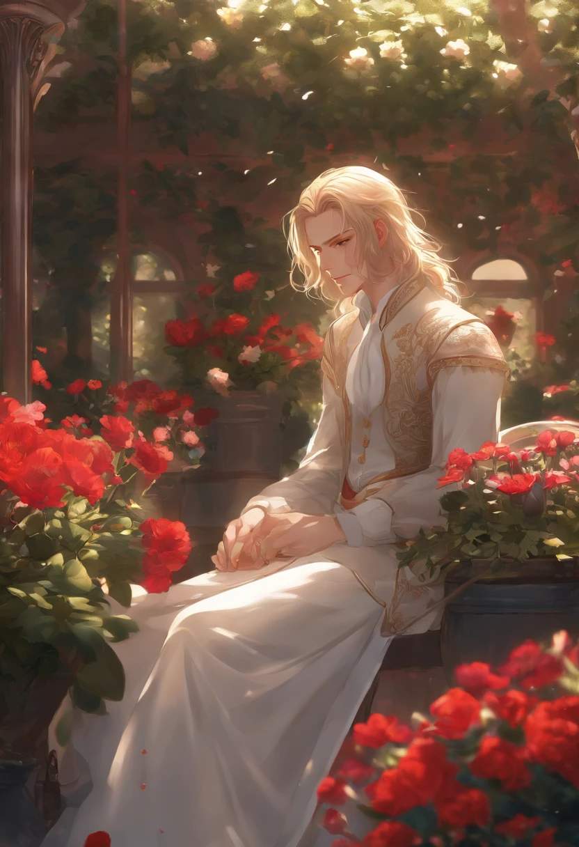 extremely delicate and beautiful, Amazing, finely detail, masterpiece, ultra-detailed, highres,best illustration, best shadow,intricate,sharp focus, high quality, 1male, solo, blond hair. red eyes, kaveh genshin impact, glass greenhouse, flowers in pots, flowers for sale, man looking at flowers, flowers everywhere