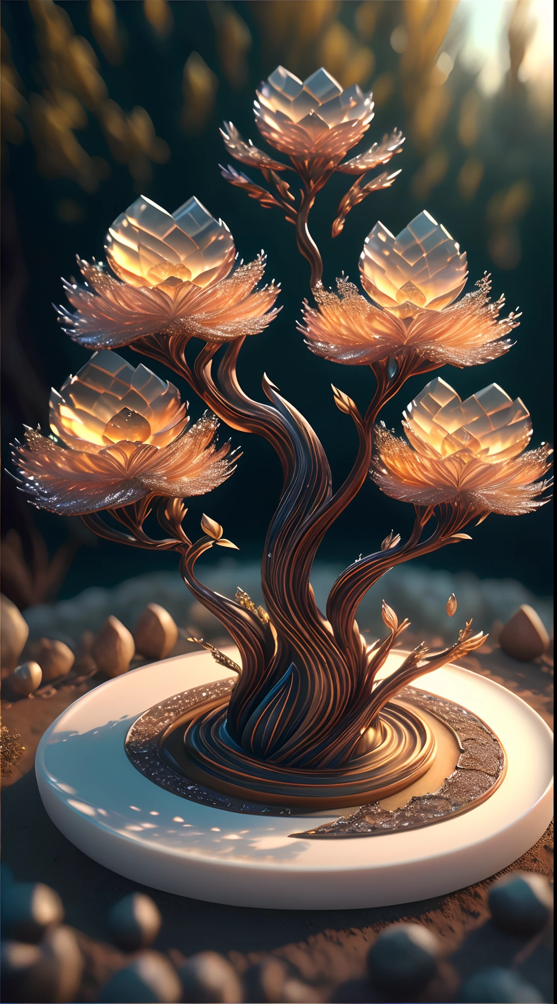 (Best quality,4K,8K,A high resolution,Masterpiece:1.2),Ultra-detailed,(Realistic,Photorealistic,photo-realistic:1.37),Escultura:1.37,Northern,south,Multiverse,Diverse landscape,Natural beauty,Ceramic craftsmanship,Glass surface,Twisted branches,Flickering flames,Art gallery
