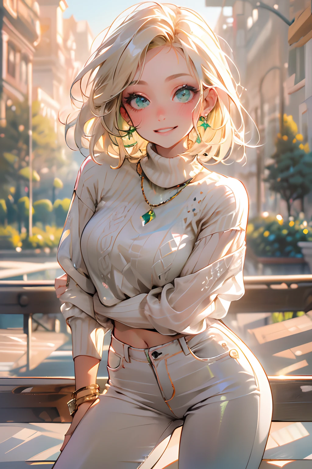 Masterpiece, Best quality, Ultra-detailed, Beautiful lighting, woman, Tight jeans, Blonde hair, (Green eyes:1.3), (White sweater:1.2), Turtleneck, The stands up, In Park, Beautiful scenery, Slight blush, Smiling, (Cute smile:1,1), (Glossy lips:1.1), (Beautiful eyes:1.1), wonderful backround, Closed mouth, Arms_Behind_back, Short hair