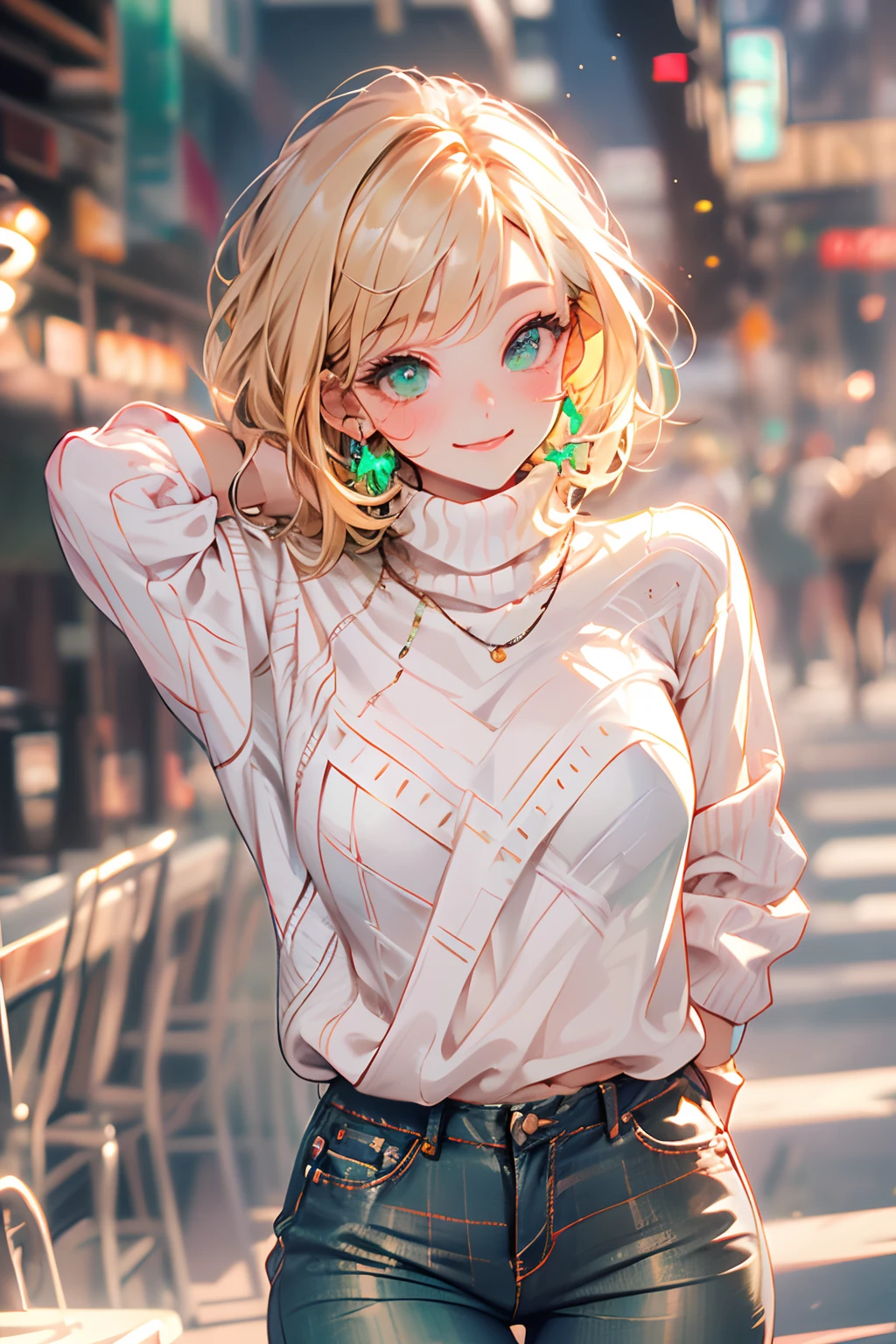 Masterpiece, Best quality, Ultra-detailed, Beautiful lighting, woman, Tight jeans, Blonde hair, (Green eyes:1.3), (White sweater:1.2), Turtleneck, The stands up, In Park, Beautiful scenery, Slight blush, Smiling, (Cute smile:1,1), (Glossy lips:1.1), (Beautiful eyes:1.1), wonderful backround, Closed mouth, Arms_Behind_back, Short hair