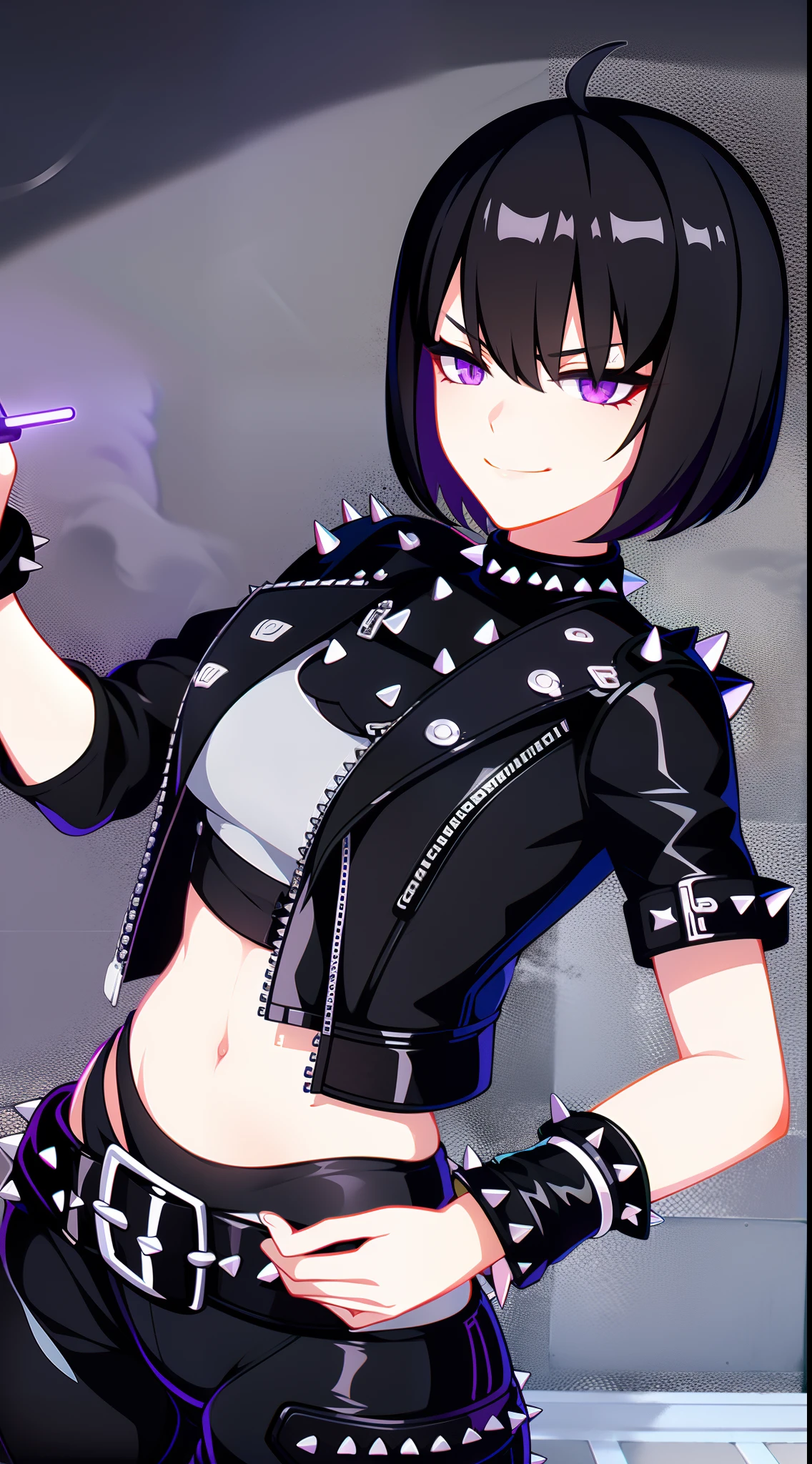 young girl, short black hair, violet eyes, smirk, Black leather jacket with spikes, open belly, breeches, Chains on clothes, scar on face, cigarette, Smoke, hiquality, 4k, HD, Good detail