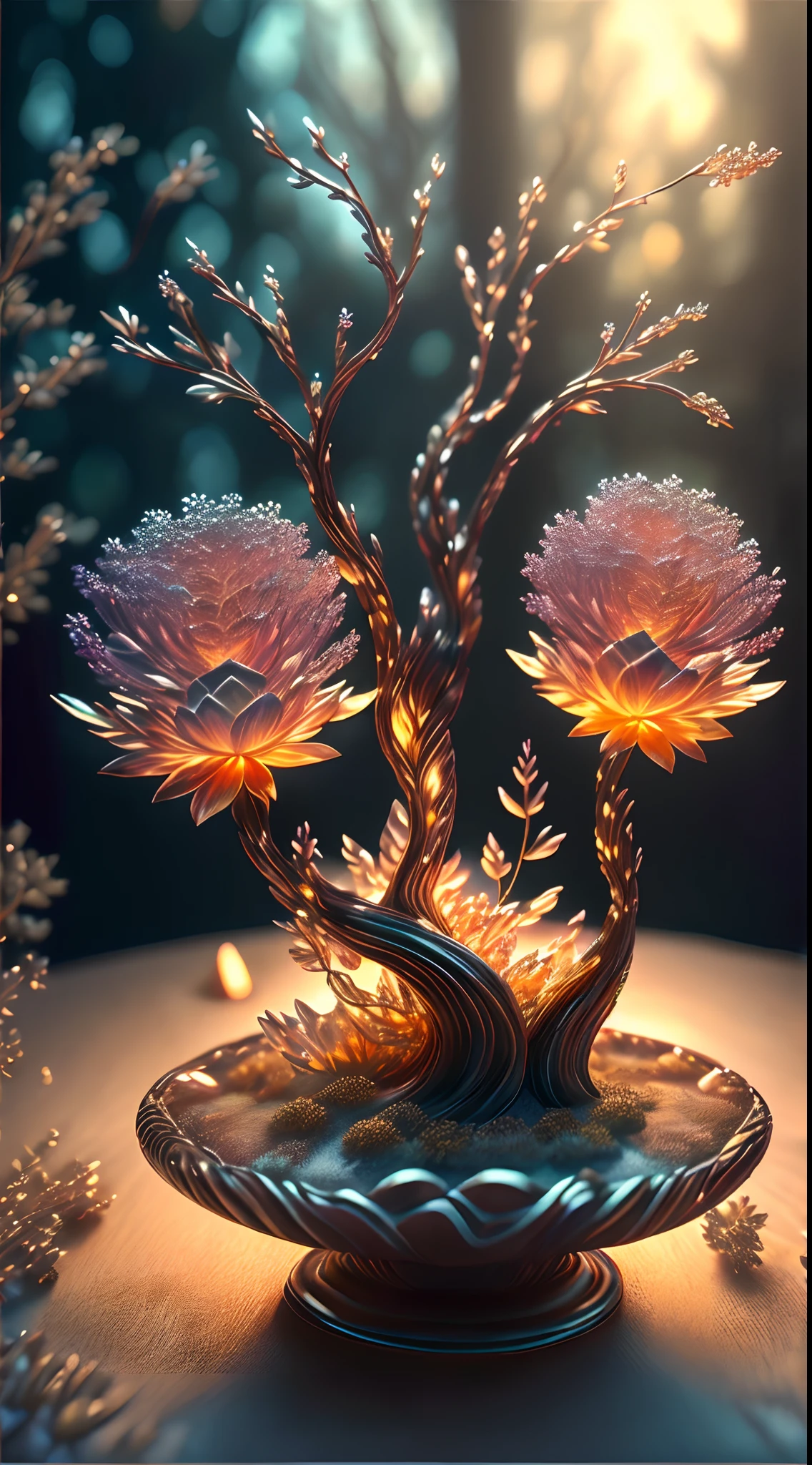 (Best quality,4K,8K,A high resolution,Masterpiece:1.2),Ultra-detailed,(Realistic,Photorealistic,photo-realistic:1.37),Escultura:1.37,Northern,The South,Multiverse,Diverse landscape,Natural beauty,Ceramic craftsmanship,Glass surface,Twisted branches,Flickering flames,Art gallery