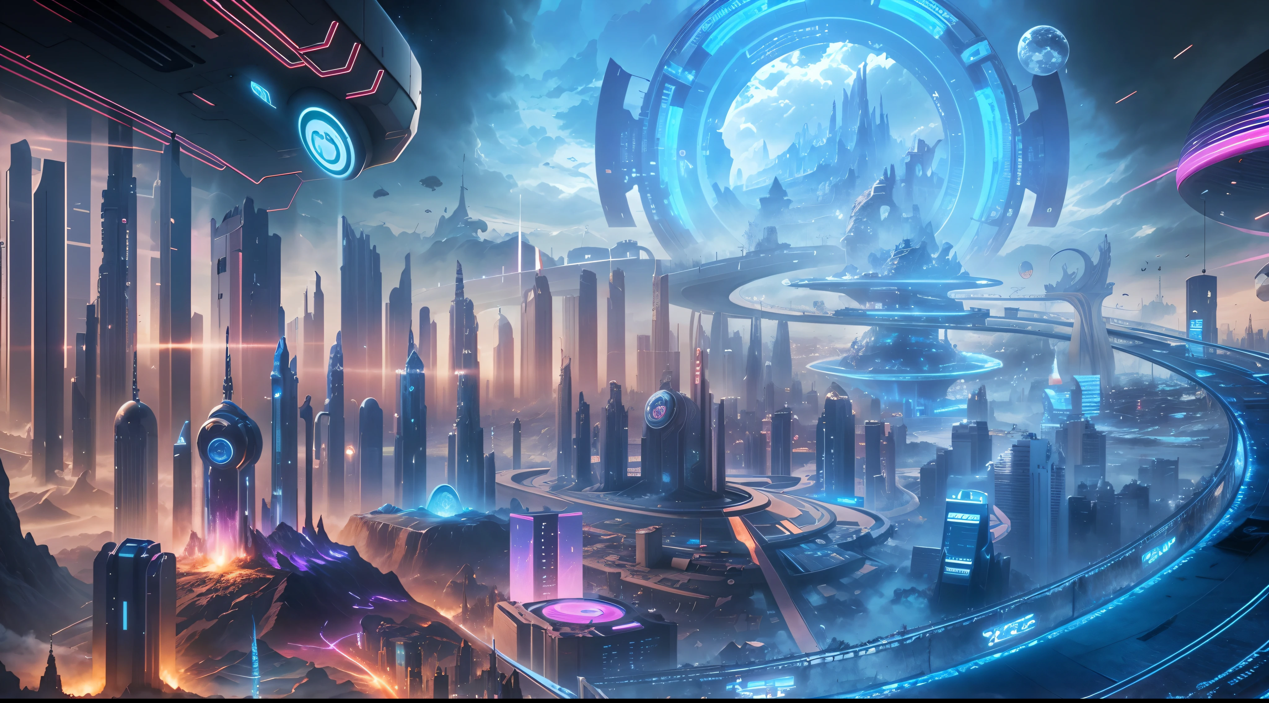 Create an image of the world of tomorrow，It contains ultra-technological elements and overdeveloped citizens living 1000 years from now, In surreal landscapes, vibrant with colors, 4K, Cinematic lighting, Natural lighting, Vibrant, colorful lighting, filmgrain, Cinematic lighting, High detail, Photoreal, Photorealistic, Volumetric lighting and shadows