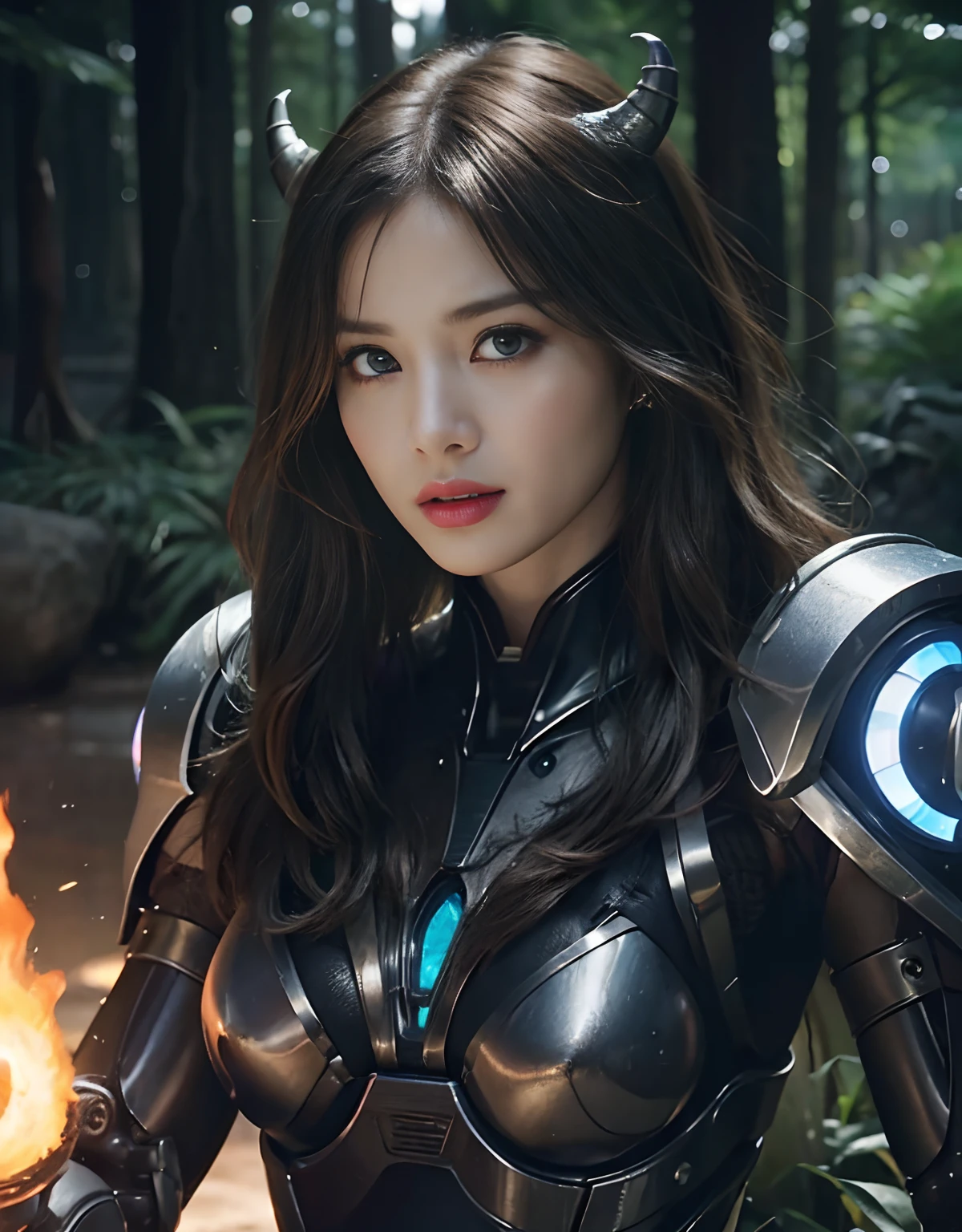 (1 Mechanical Girl)、top-quality、masterpiece、超A high resolution、(Photorealsitic:1.4)、Raw photo、女の子1人、Fight mutants、glowy skin、(((1 Mechanical Girl)))、With a beautiful knife、(Green Metal Bodysuit)、(Kobold、ogre、Fierce battle with orcs),(Fight fiercely against aliens)、Fight fiercely、(beautiful forest background)、(Fighting Demonic Beasts)、(Small LED)、((super realistic details))、portlate、(Strong giant demon beast background),globalillumination、Shadow、octan render、8K、ultrasharp、Colossal tits、Raw skin is exposed in cleavage、metals、Details of complex ornaments、Japan details、highly intricate detail、Realistic light、(Mystical expression),CGSoation Trends、Blue eyes、radiant eyes、Facing the camera、neon details、(Mechanical limbs)、(blood vessels connected to tubes)、Mechanical vertebrae attached to the back、mechanical cervical attaching to neck、(Wires and cables connecting to the head)、Gundam、Small LED、,Mechanical thighs、Toostock、(Hands are also made of machines)、(Attack of the Monster Beasts)、(Wounded in a deadly battle)、