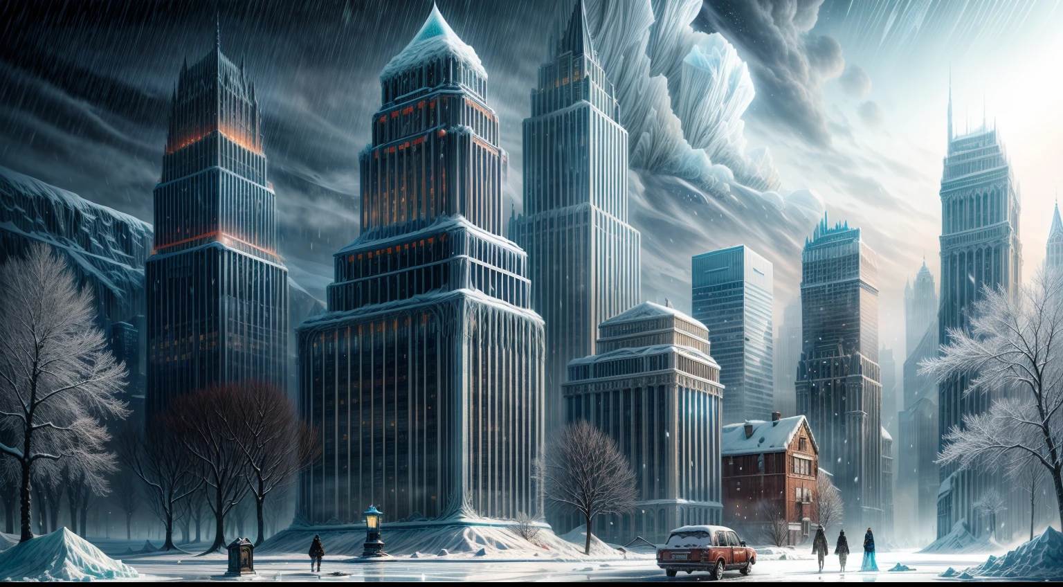 In the year 2100, a hauntingly beautiful and post-apocalyptic landscape stretches out before our eyes. The world has succumbed to a new ice age, where icy winds whip through the desolate remains of once-thriving cities. Nature's icy grip has transformed the familiar urban jungles into frozen mausoleums. Towering skyscrapers, now encased in crystalline ice, stand as solemn witnesses to human fragility. The windows, frozen and delicate, reveal glimpses of the houses and buildings trapped below, creating a ghostly vision of the frozen cityscape. The bitter cold bites at our skin as we navigate the buried streets beneath layers of snow and ice. Abandoned vehicles, half-buried and forgotten, serve as solemn reminders of the desperate struggle against the encroaching cold. The silence is heavy, broken only by the occasional creaking and groaning of the frozen structures. As we stand in this frozen tableau, we marvel at the ethereal beauty created by nature's brush, each delicate snowflake casting a mesmerizing glow. Let this scene be depicted as a detailed illustration, executed with digital art techniques, capturing the intricate details of the frozen cityscape and the haunting glimpses of the submerged houses and buildings. The illustration should convey a sense of mystery and exploration, inviting the viewer to delve into the secrets hidden beneath the ice. /imagine artwork: Detailed illustration, digital art techniques