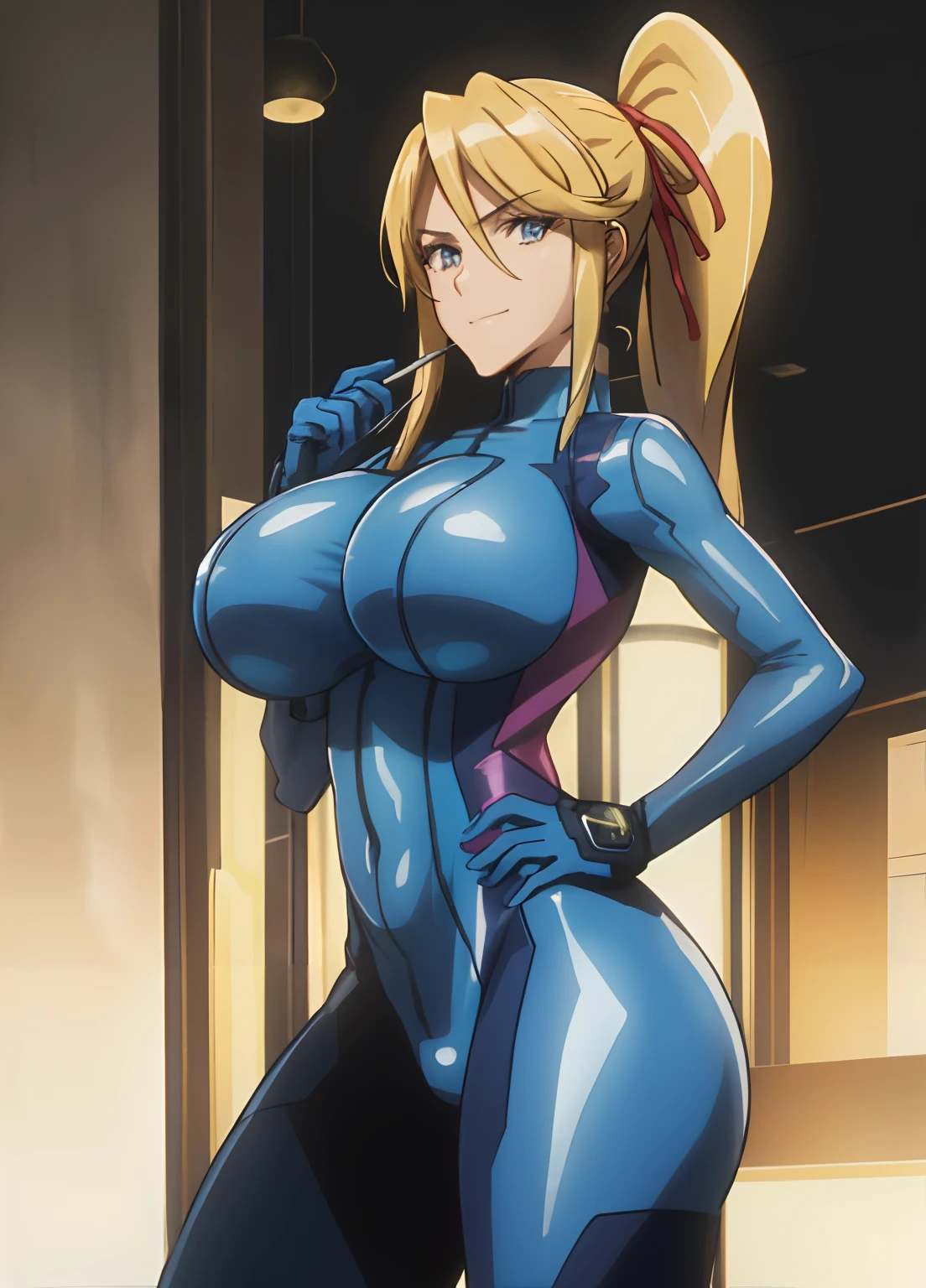 samus aran, ponytail, hair tie, blue gloves, ((blue bodysuit)), high heels (masterpiece, best quality:1.4), (modern days), (cowboy shot), 1girl, solo, pov, stunning girlfriend, (standing:1.1), dynamic pose, heart shaped face, elegant face, beautiful face, highly detailed face, highly detailed skin, huge breast, smug smile, looking at viewer,16k hdr, curvy, hand to hip, high school, cum on face