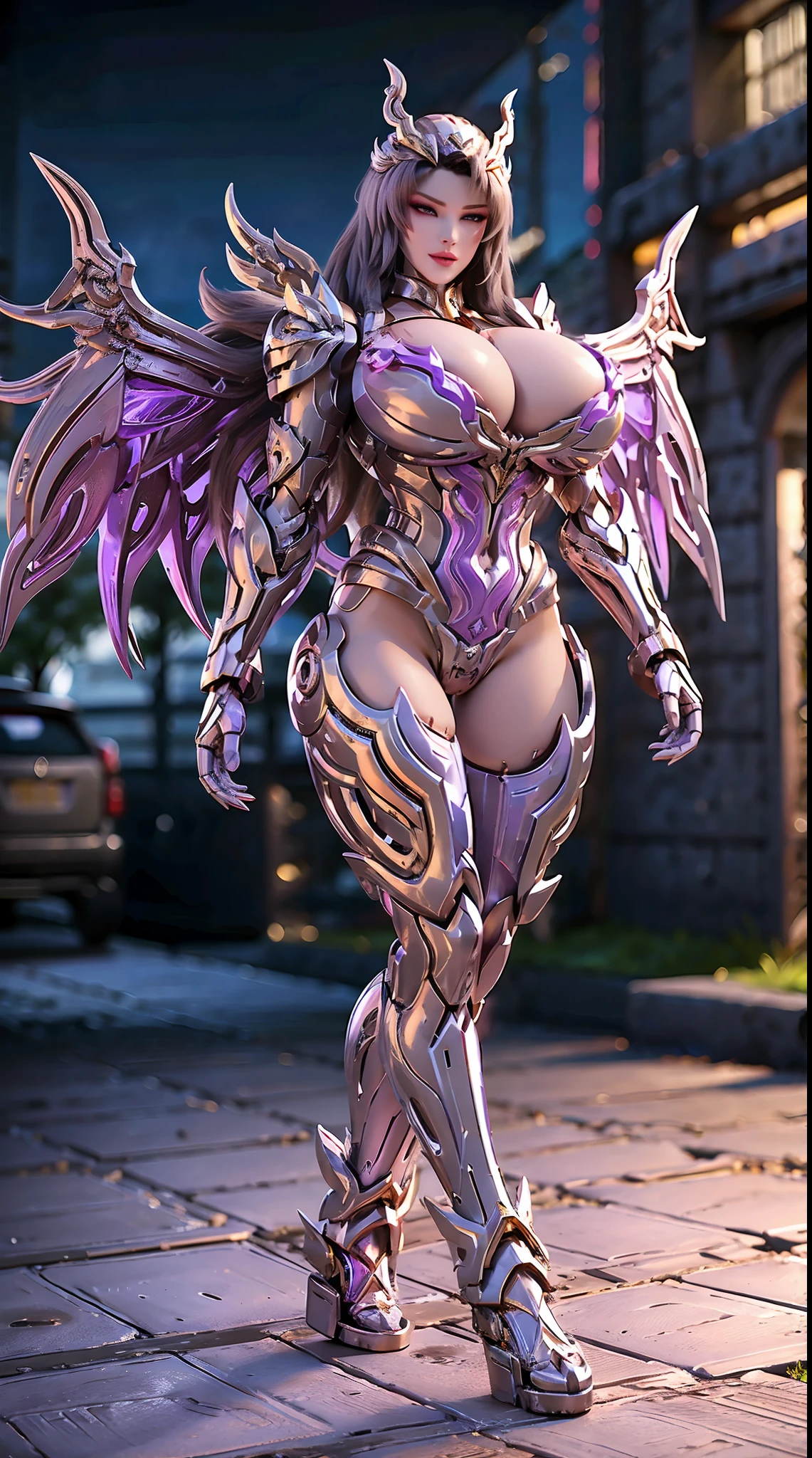(DRAGON QUEEN HELM), (HUGE FAKE BOOBS), (BEAUTIFUL FACE), (PURPLE, GOLD, WHITE), (DESERT MOUNTAIN), (((A PAIR OF GIGANTIC MECHANICAL WINGS SPREAD OUT))), RAINBOW COLOR FUTURISTIC PHOENIX MECHA BODYSUIT, (CLEAVAGE), (SKINTIGHT YOGA PANTS), (HIGH HEELS), (PERFECT BODY:1.2), (FULL BODY VIEW), (LOOK AT VIEWER), (WALKING DOWN:1.2), (MUSCLE ABS), UHD, 8K, 1080P.