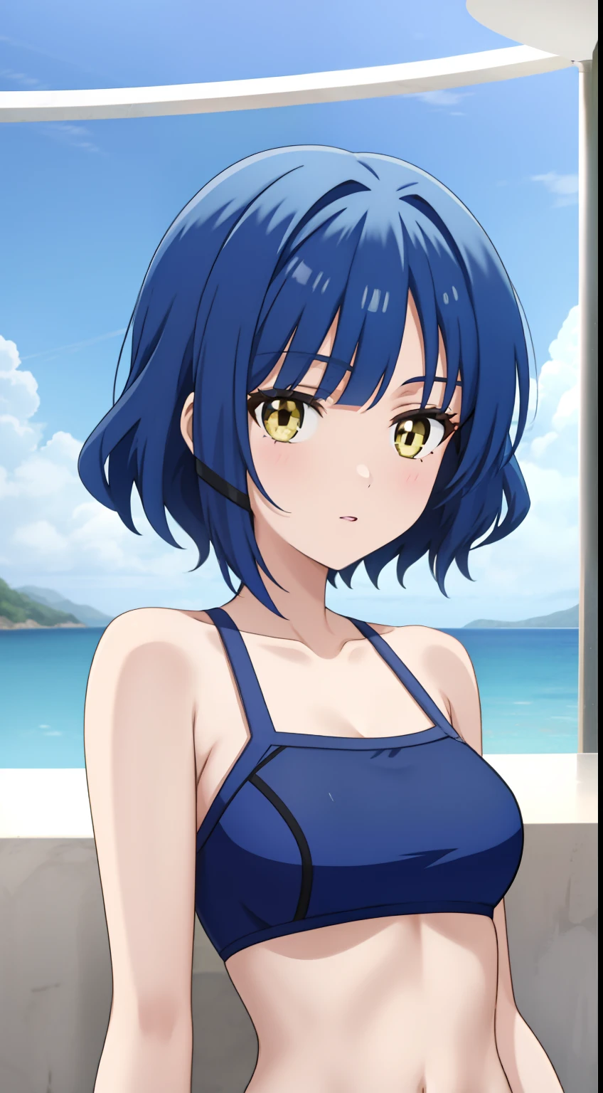 anime girl with short blue hair and yellow eyes, !! looking at the camera!!, swimsuit, celebrity, with full bangs, ultra detail, hight quality, best quality,