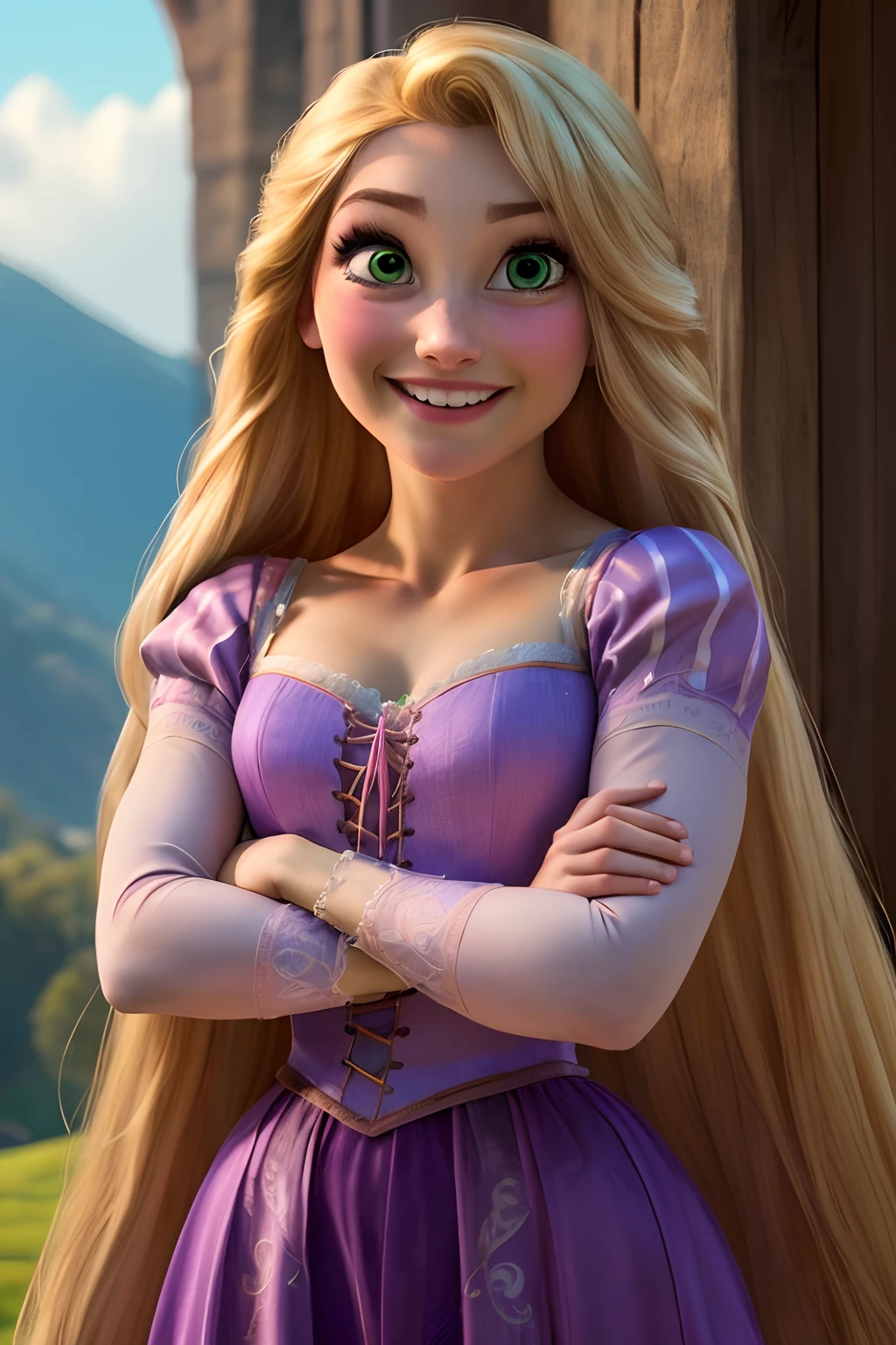 rapunzel, 1girl, solo, long hair, smile, blonde hair, dress, very long hair, green eyes, crossed arms, purple dress (masterpiece:1.2), (best quality), (ultra detailed), (8k, 4k, intricate),(full-body-shot:1), (highly detailed:1.2),(detailed face:1.2),(detailed background),detailed landscape, (dynamic angle:1.2), (dynamic pose:1.2),