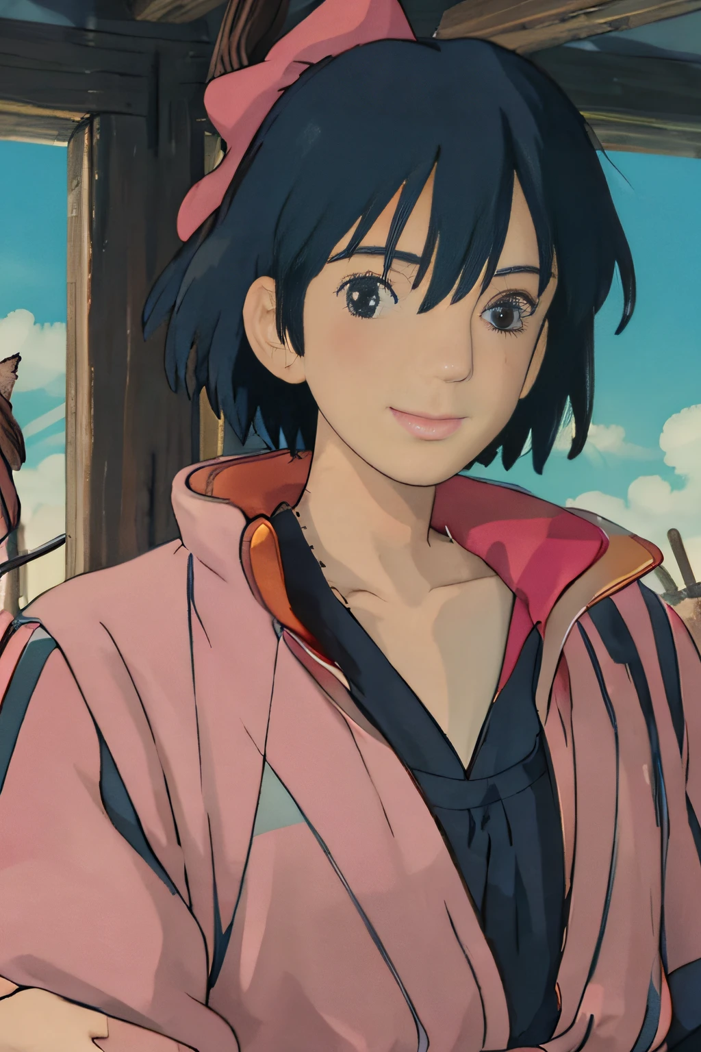 (​masterpiece、top-quality;1.3)、ultra-detailliert、1girl in、male people、Synthesis of Howl and Kiki、独奏、Howl's Moving Castle、Howl、Fine Grandia、looking at the viewers、A smile、Kiki as an adult、Black coat、Redhead bow、blue-sky、Black cat、Gigi、Colossal tits